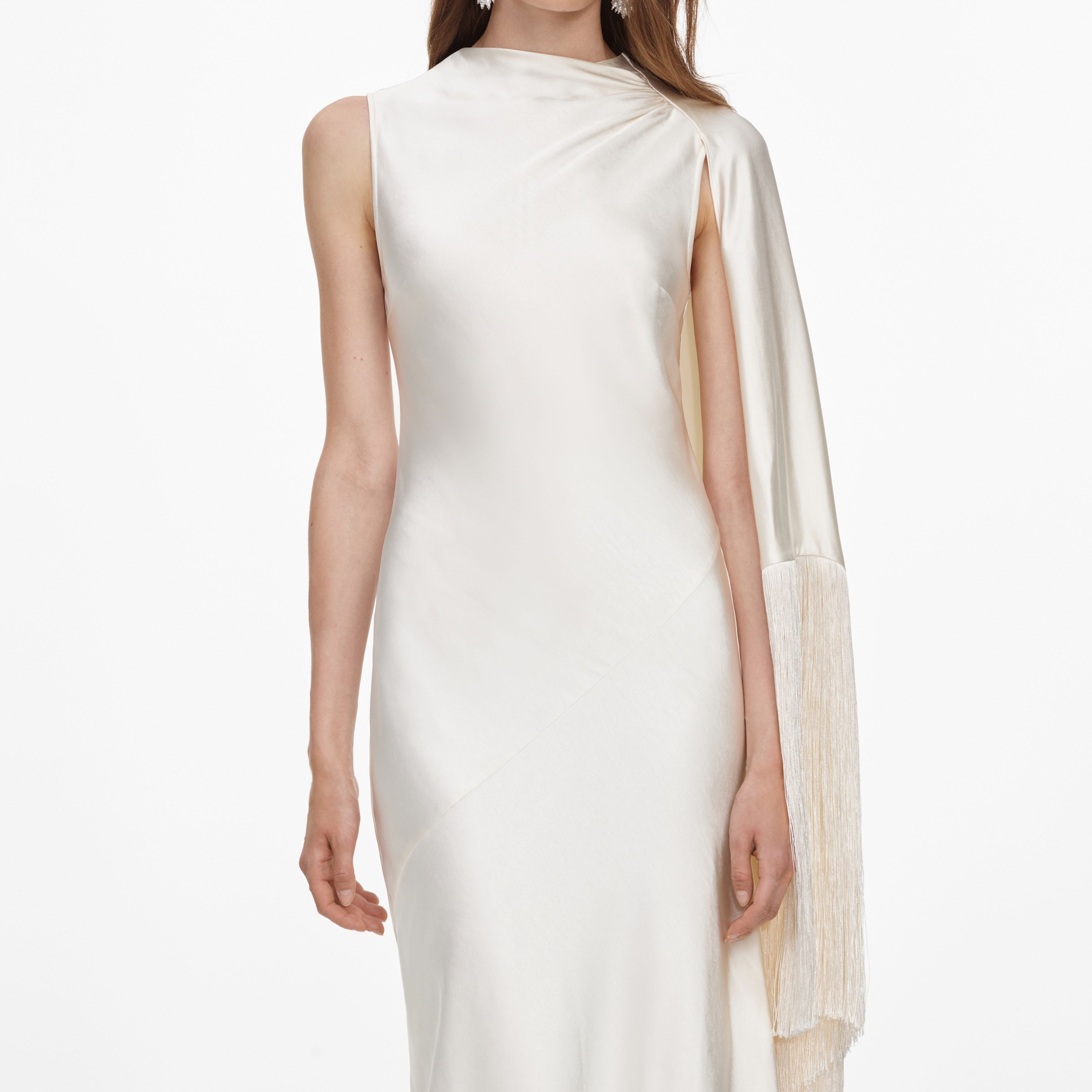 Self Portrait Dresses Cream Satin Fringed Maxi Kleid Creme UK 8