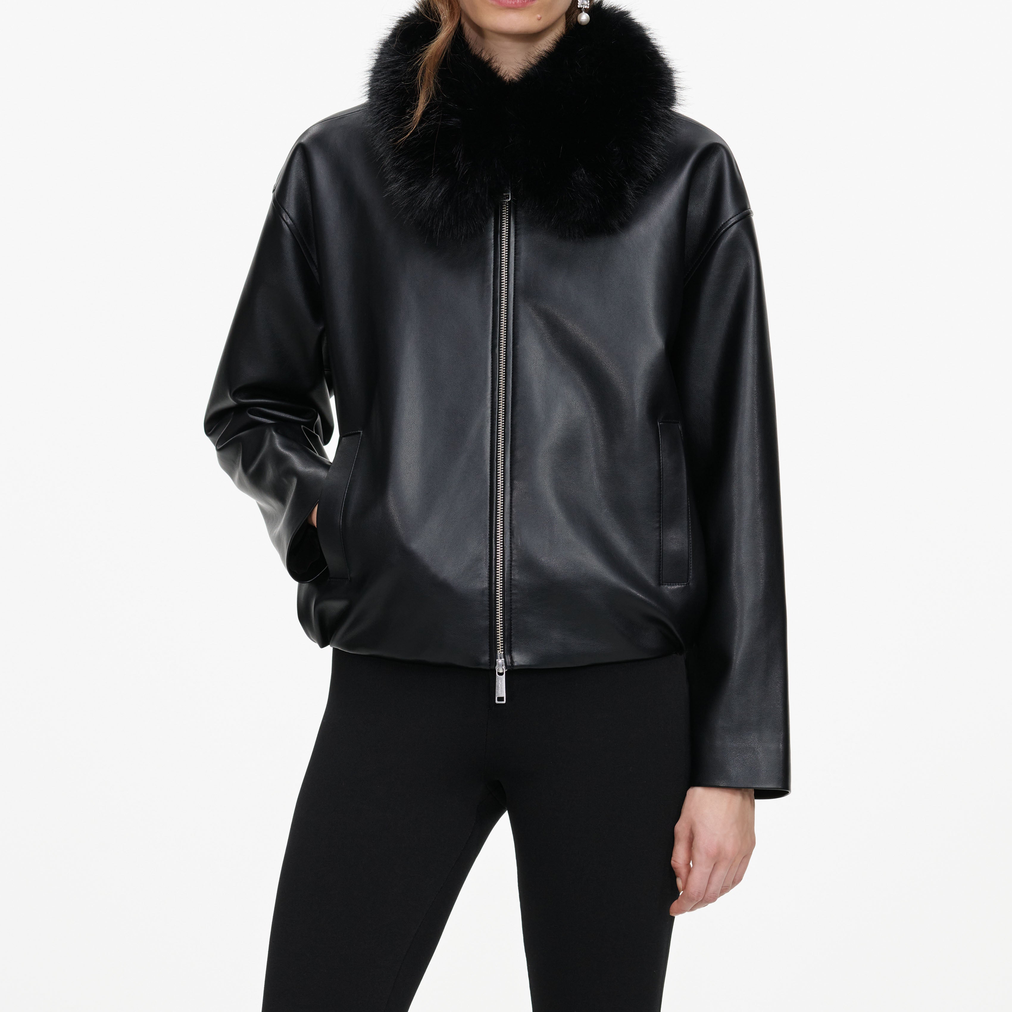 Self-Portrait Outerwear Bomberjacke Schwarz Kunstleder Fell