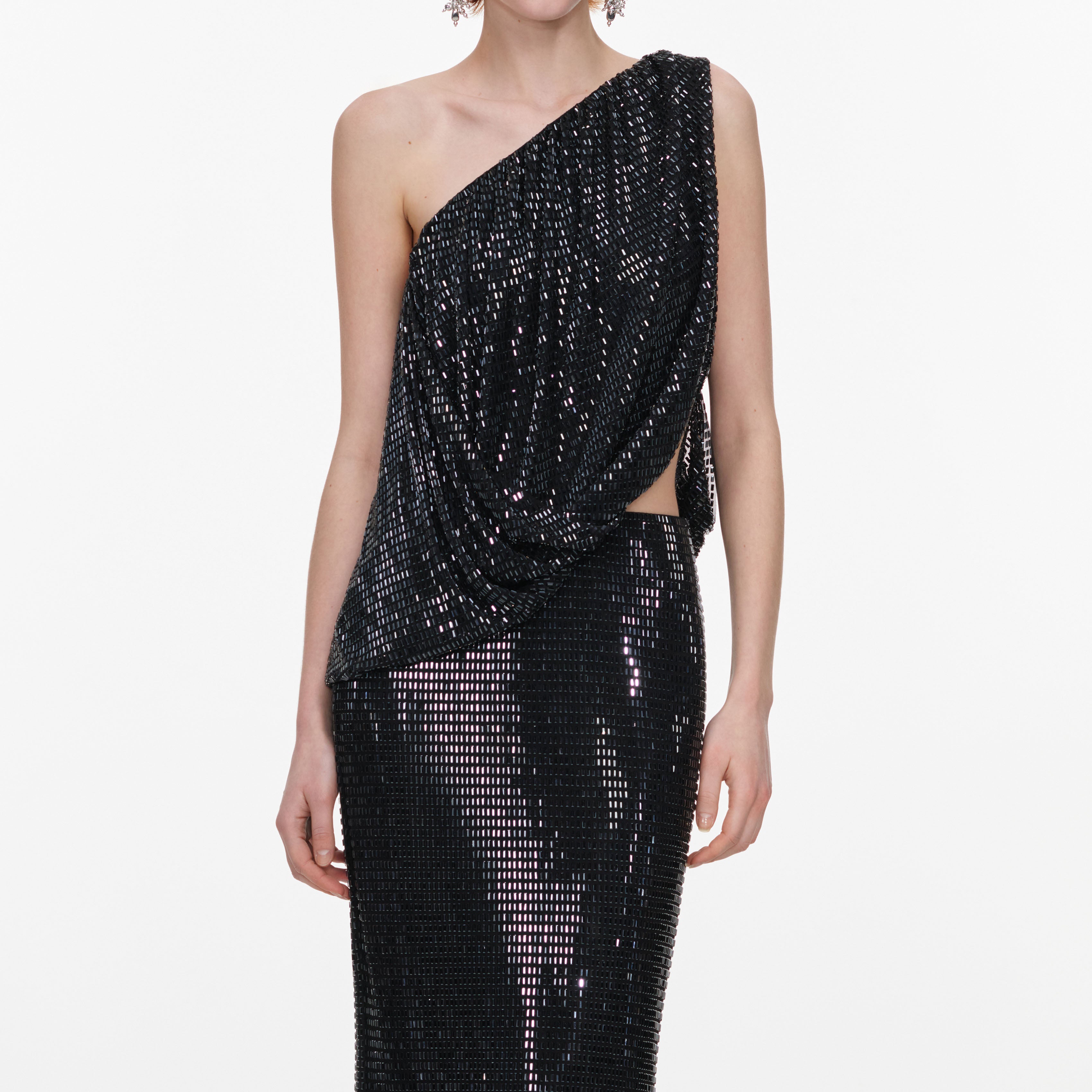 Self Portrait Black Rhinestone One Shoulder Maxikleid Schwarz UK 8