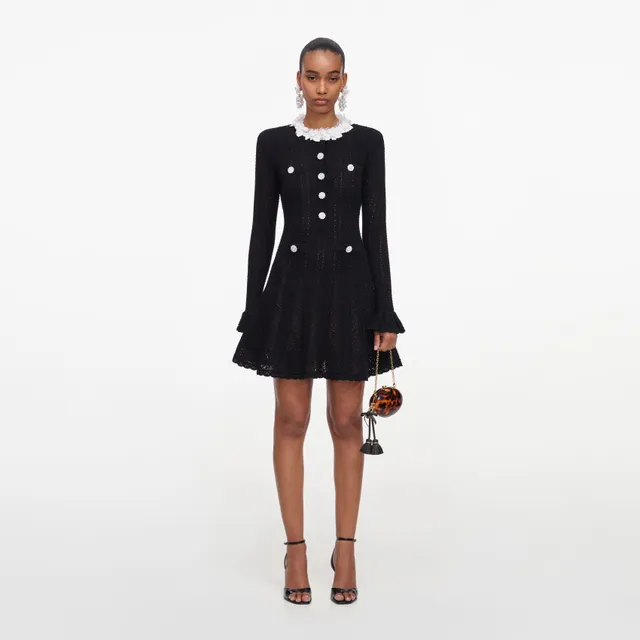 Self Portrait Dresses Black Flower Trim Knit Mini Kleid