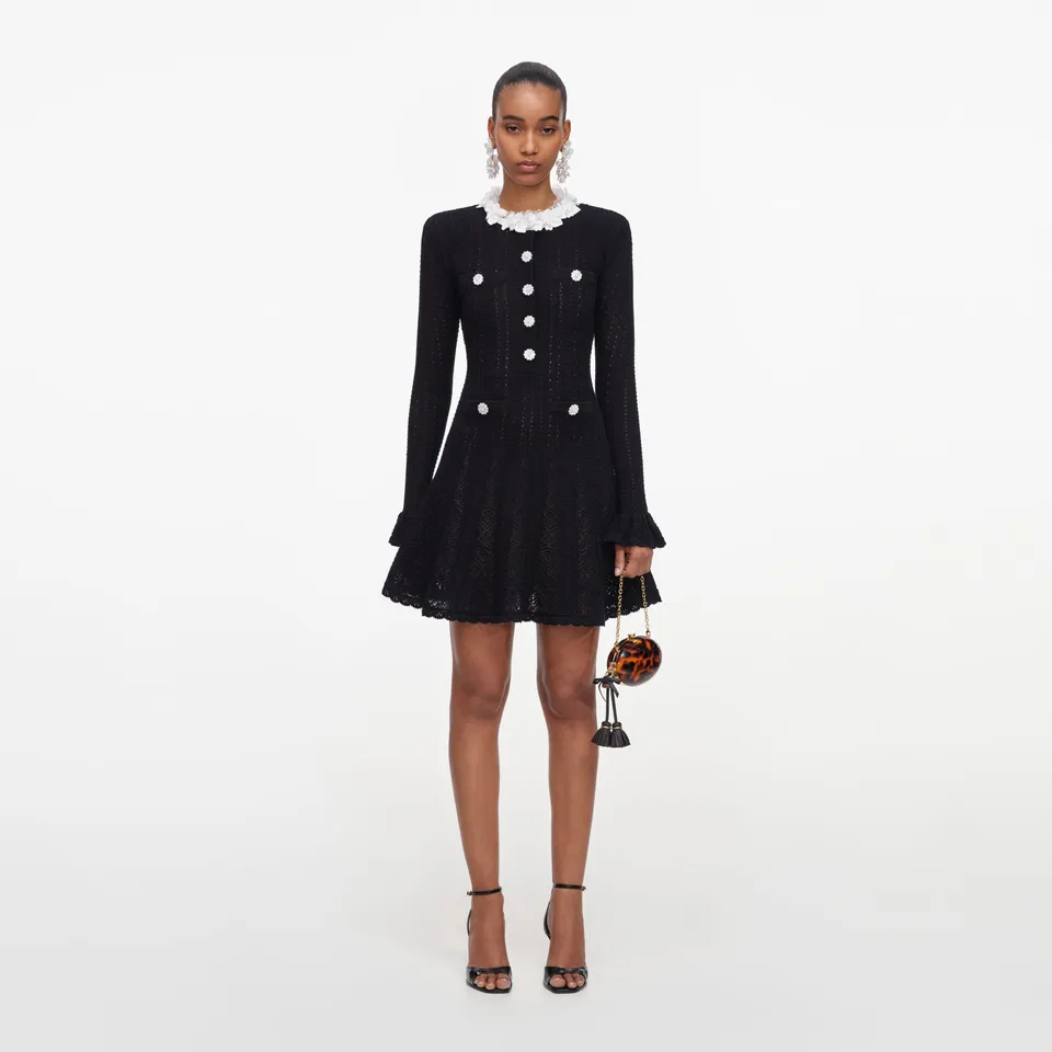 Self Portrait Dresses Black Flower Trim Knit Mini Kleid