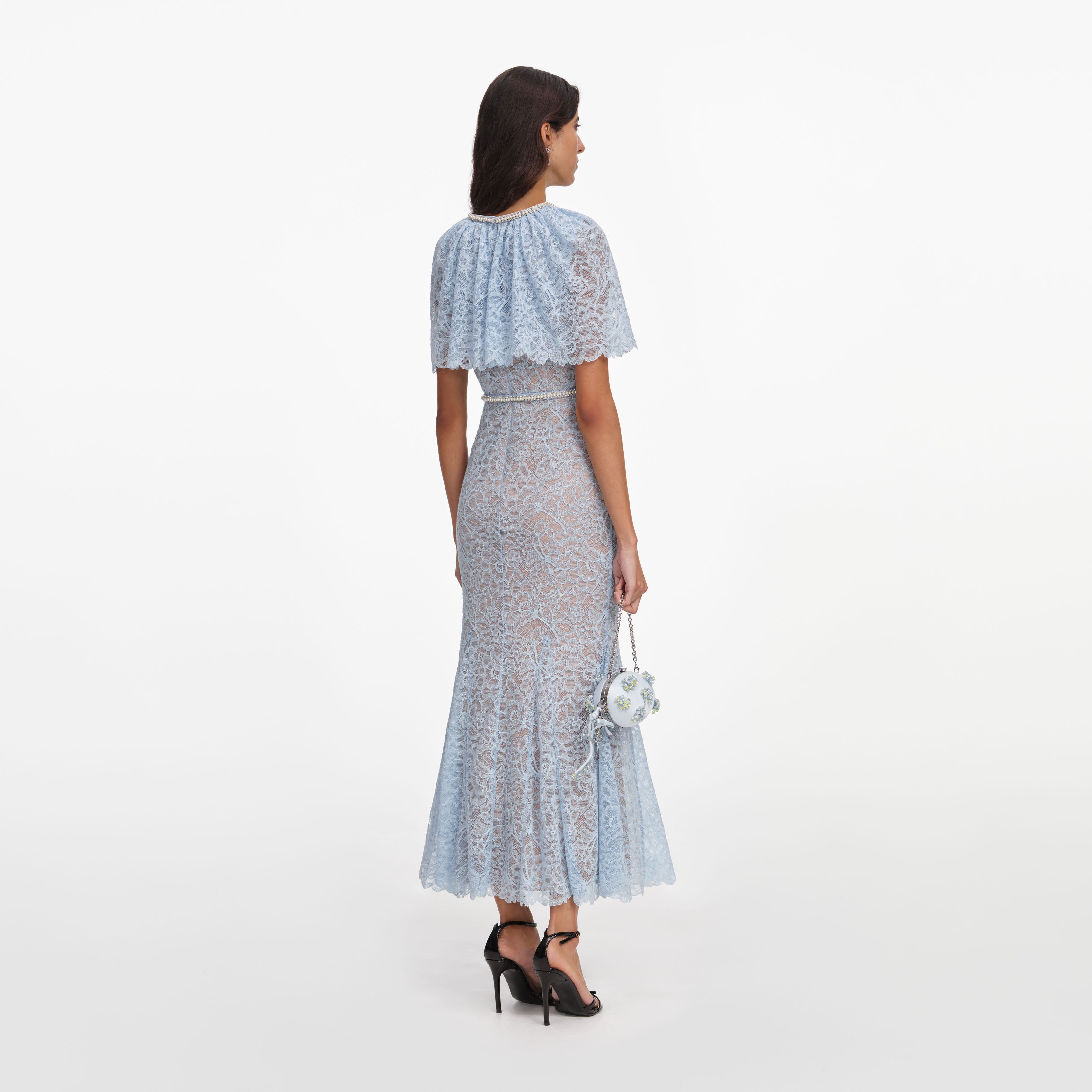 Self Portrait Spitze Midikleid Blau Cape Perlenbesatz