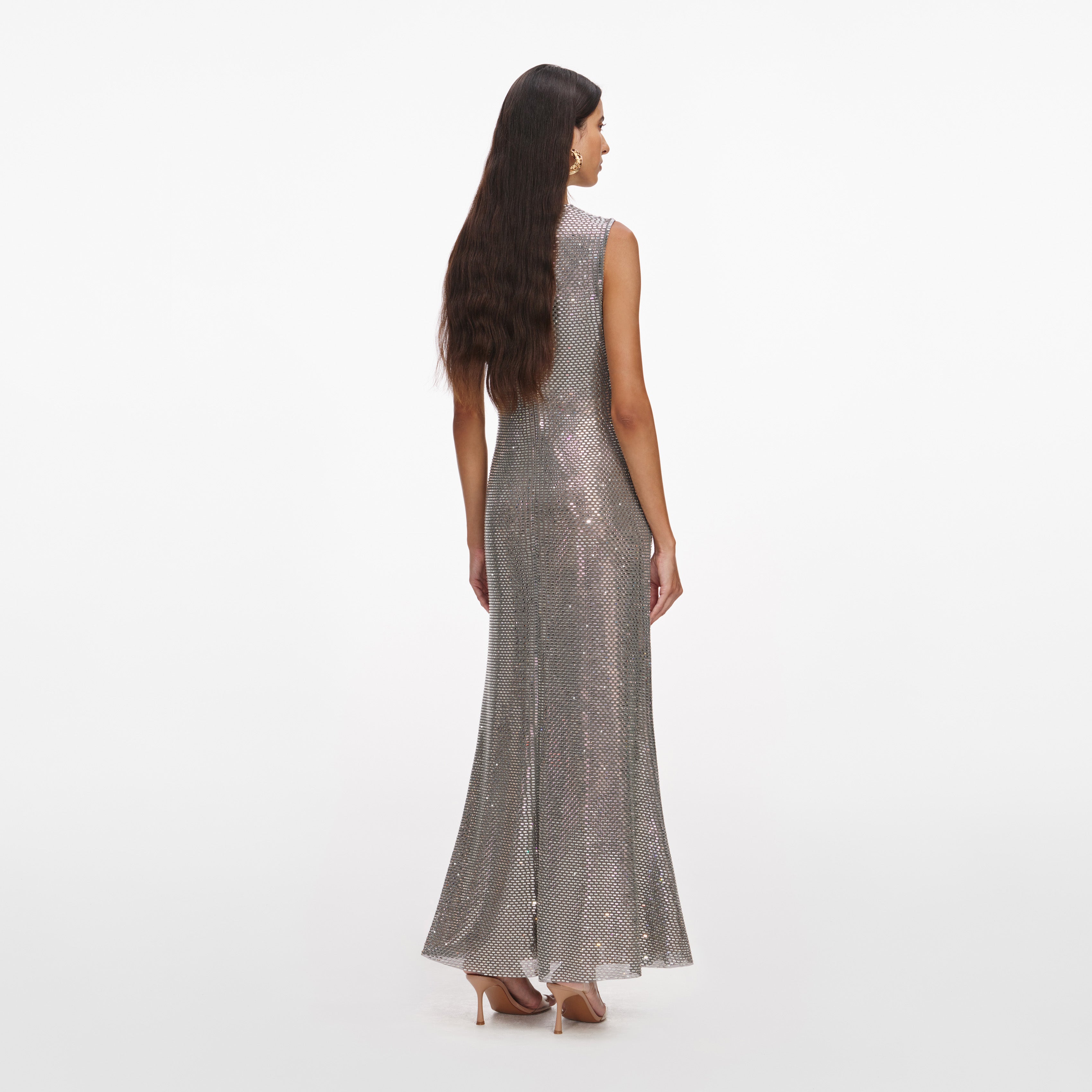 Self Portrait Grey Rhinestone Mesh Midi Kleid Grau Strass