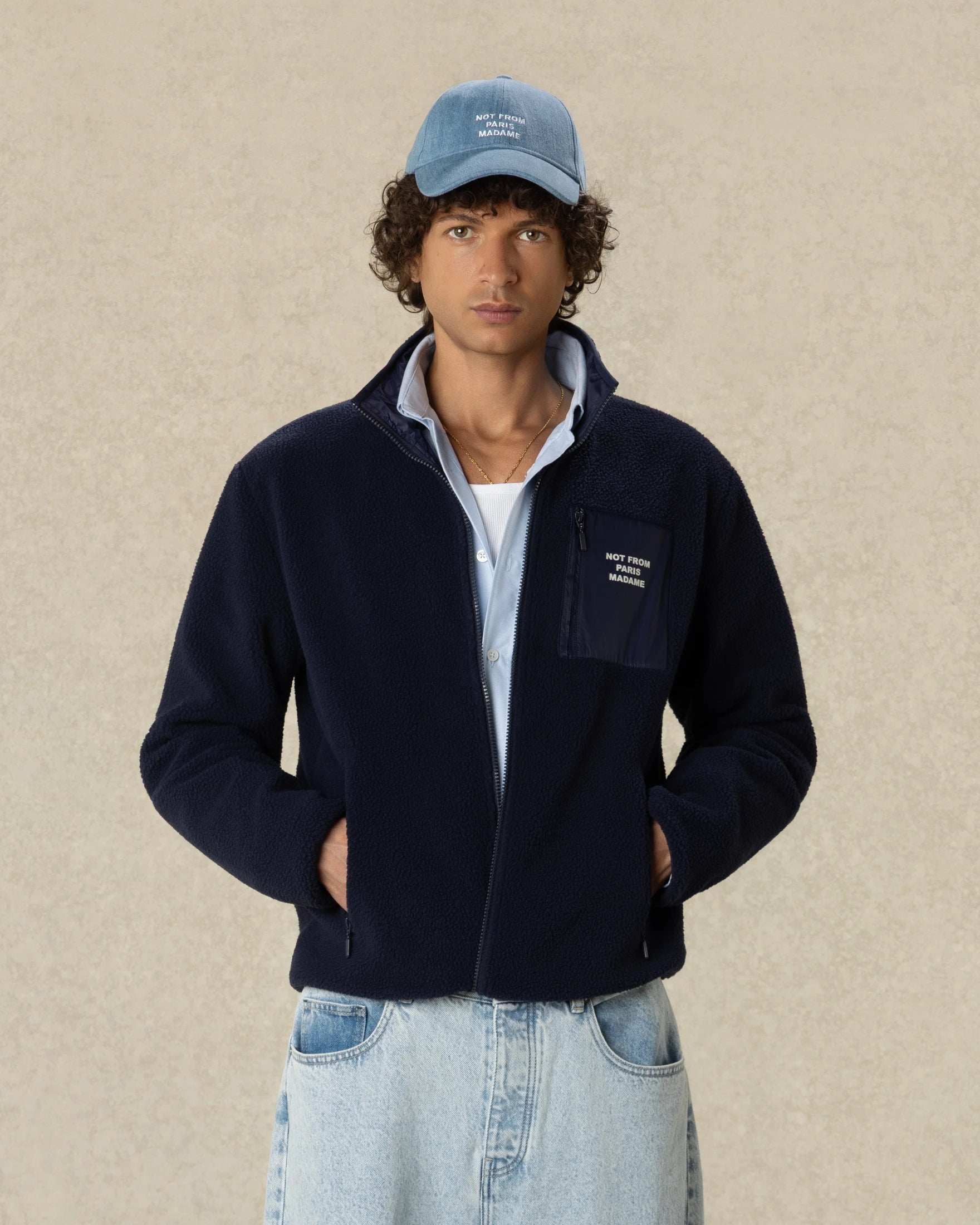 Drôle De Monsieur Slogan Zipped Sherpa Jacke Navy Polyester