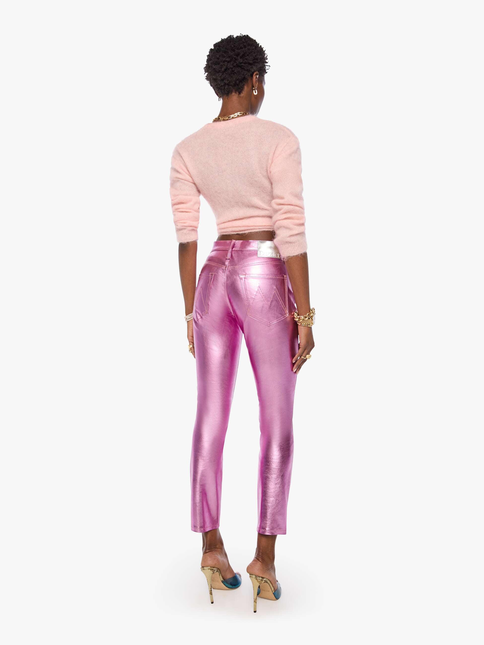 Mother The Mid Rise Dazzler Flood Jeans Hoop Earrings Pink