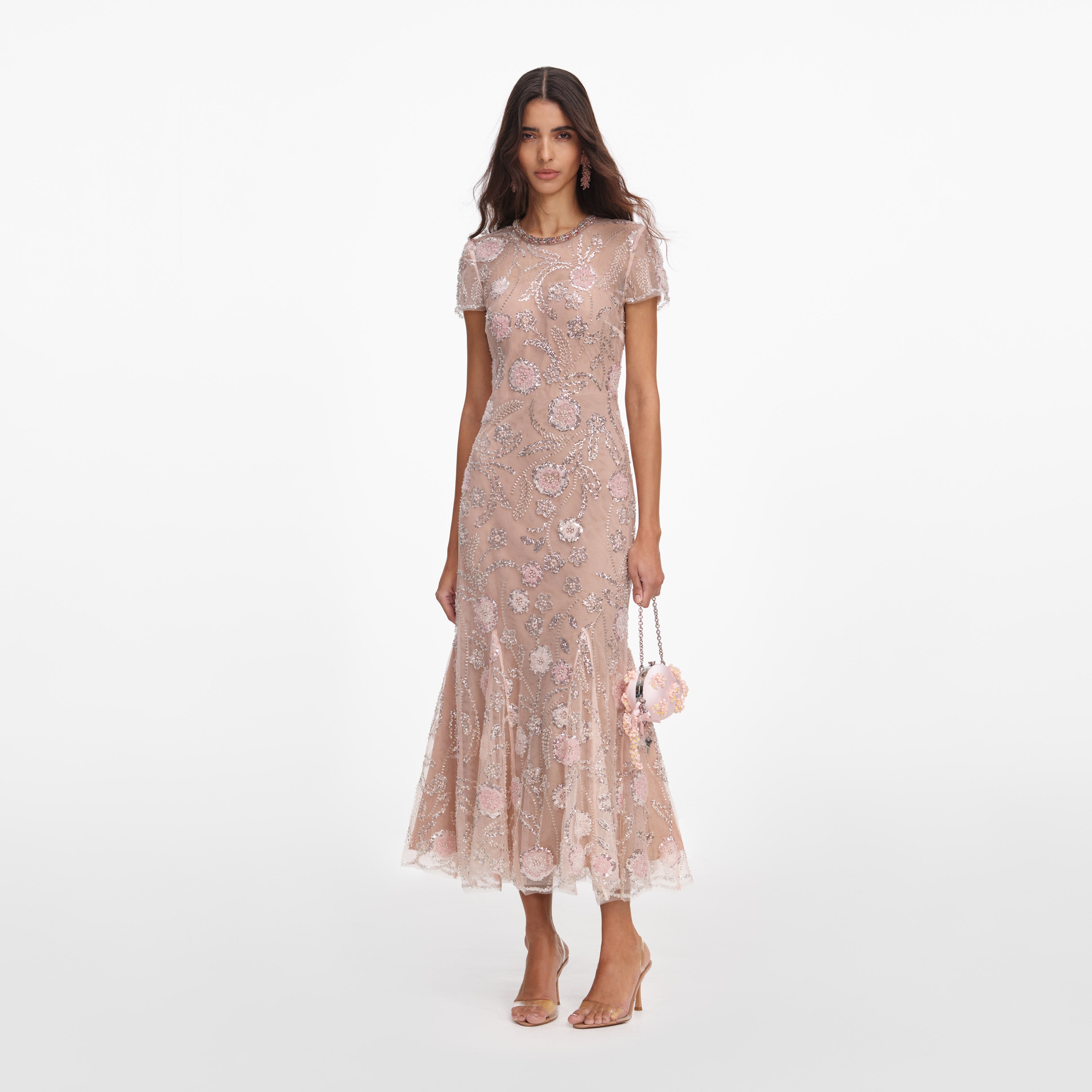 Self Portrait Pink Flower Sequin Midi Kleid Rosa Pailletten