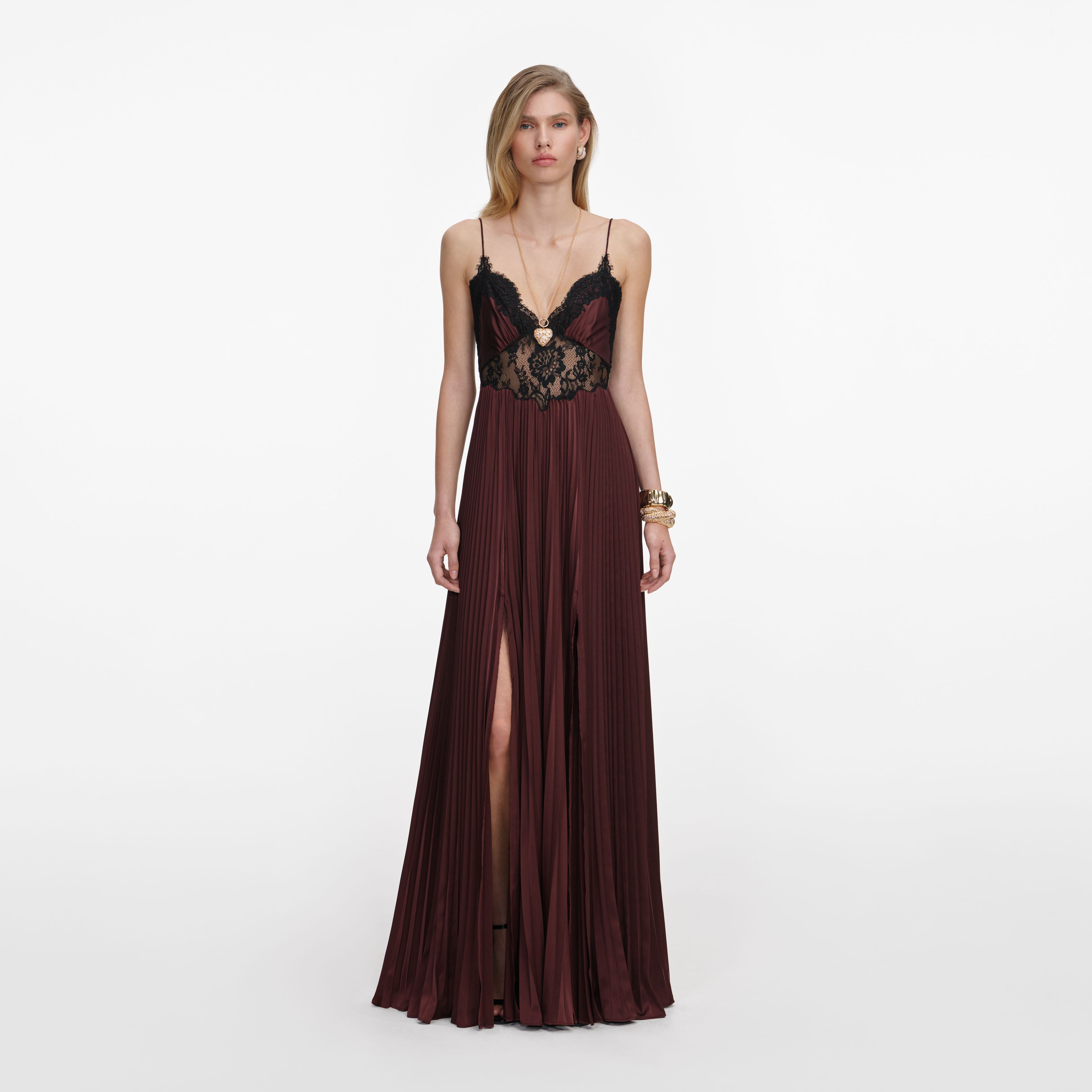 Self Portrait Brown Satin Lace Insert Maxi Kleid Braun