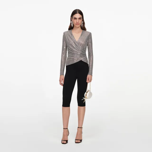 Self Portrait Grey Rhinestone Mesh Wrap Top grau Strass