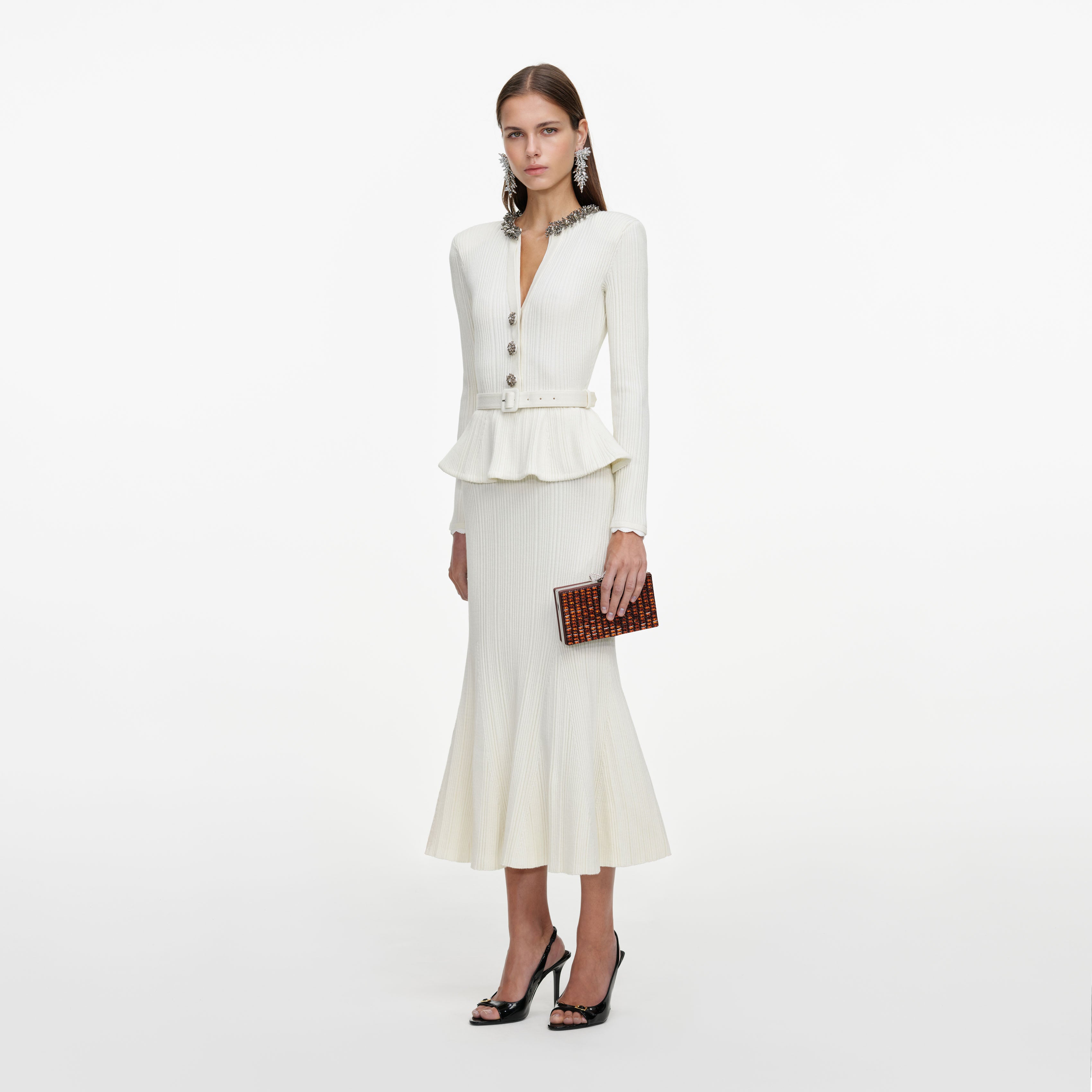 Self Portrait Cream Lurex Rib Knit Midi Kleid Creme Strick