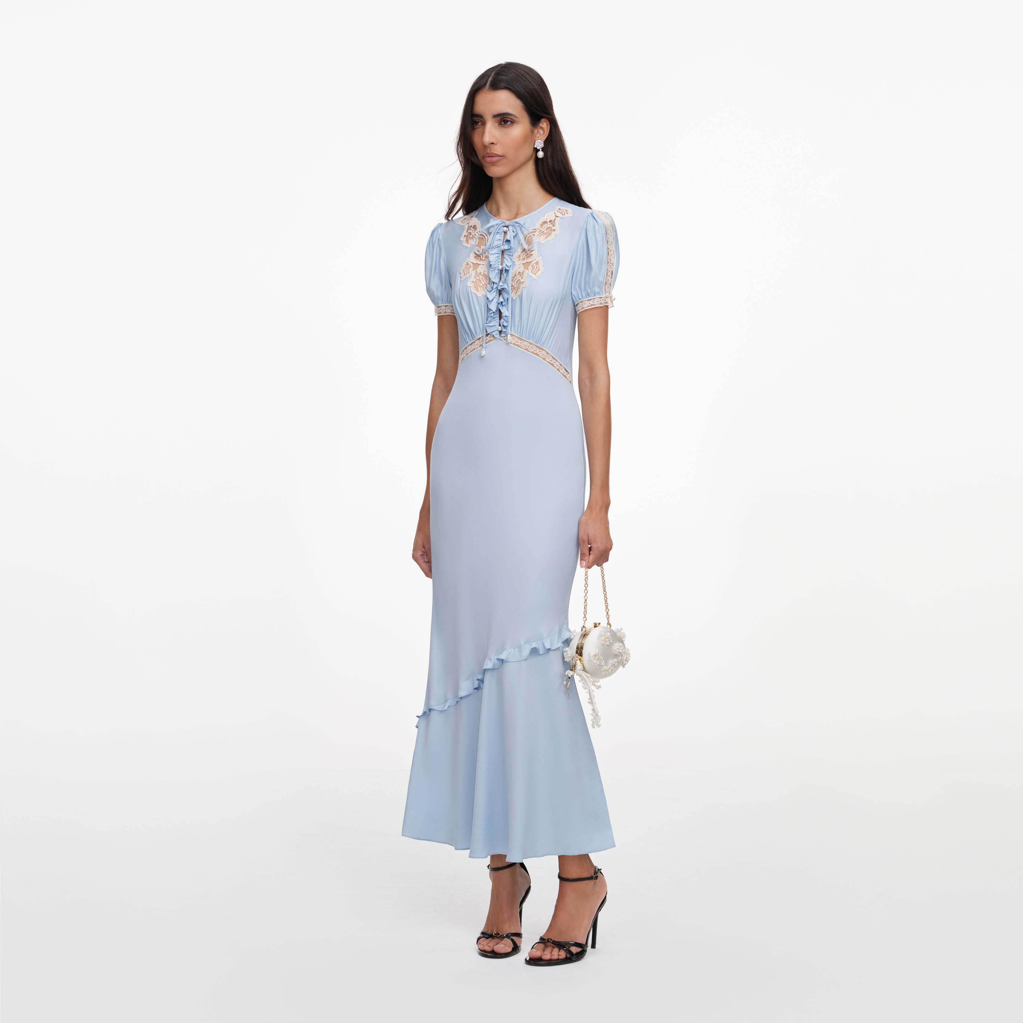 Self Portrait Blue Viscose Lace Midi Kleid Blau Spitze