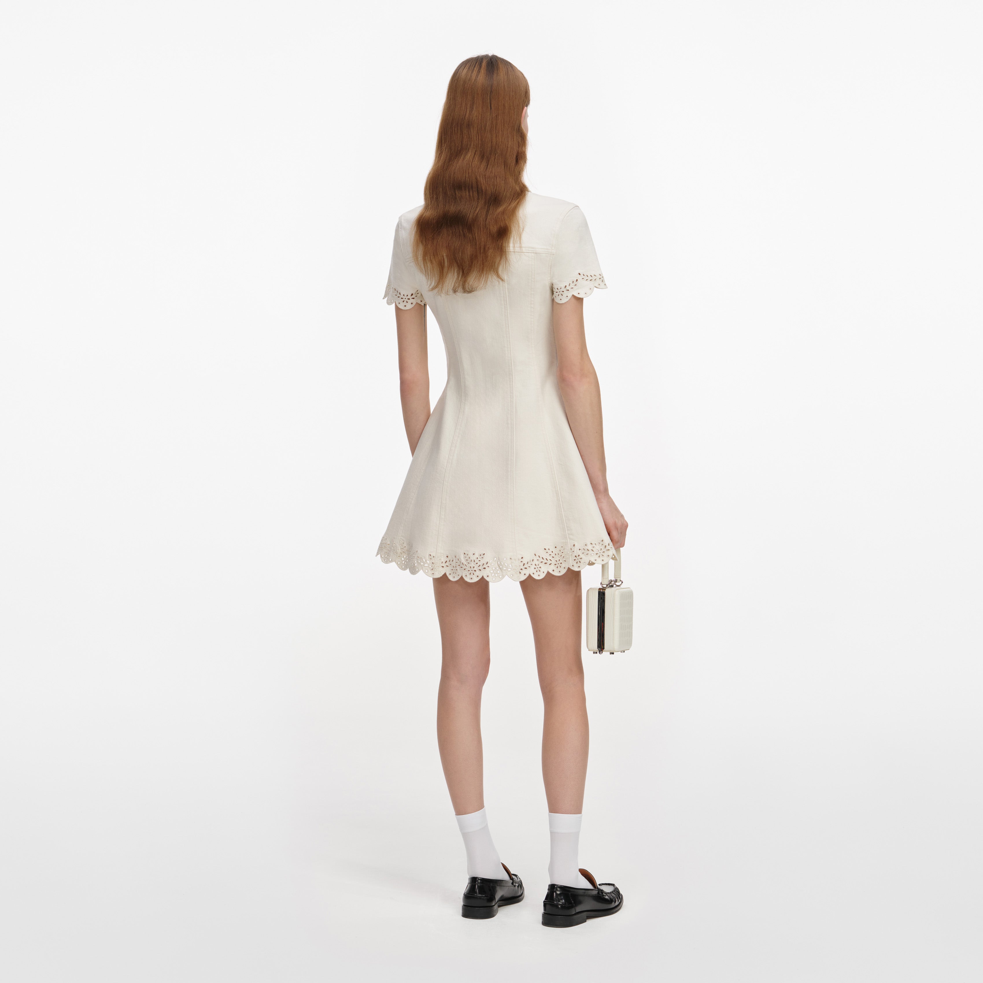 Self Portrait Denim Mini Kleid creme Broderie Kragen