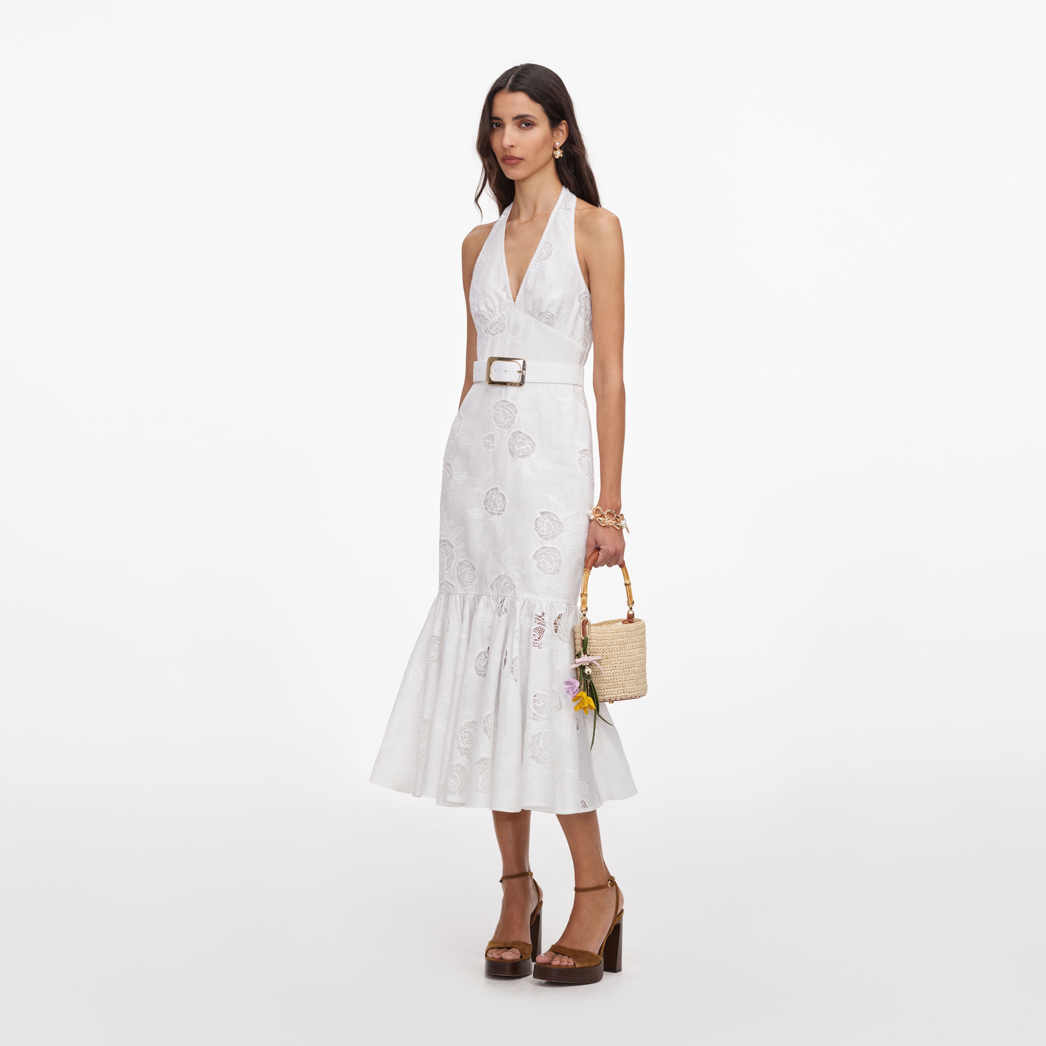 Self Portrait White Linen Halterneck Midi Kleid Weiß Leinen