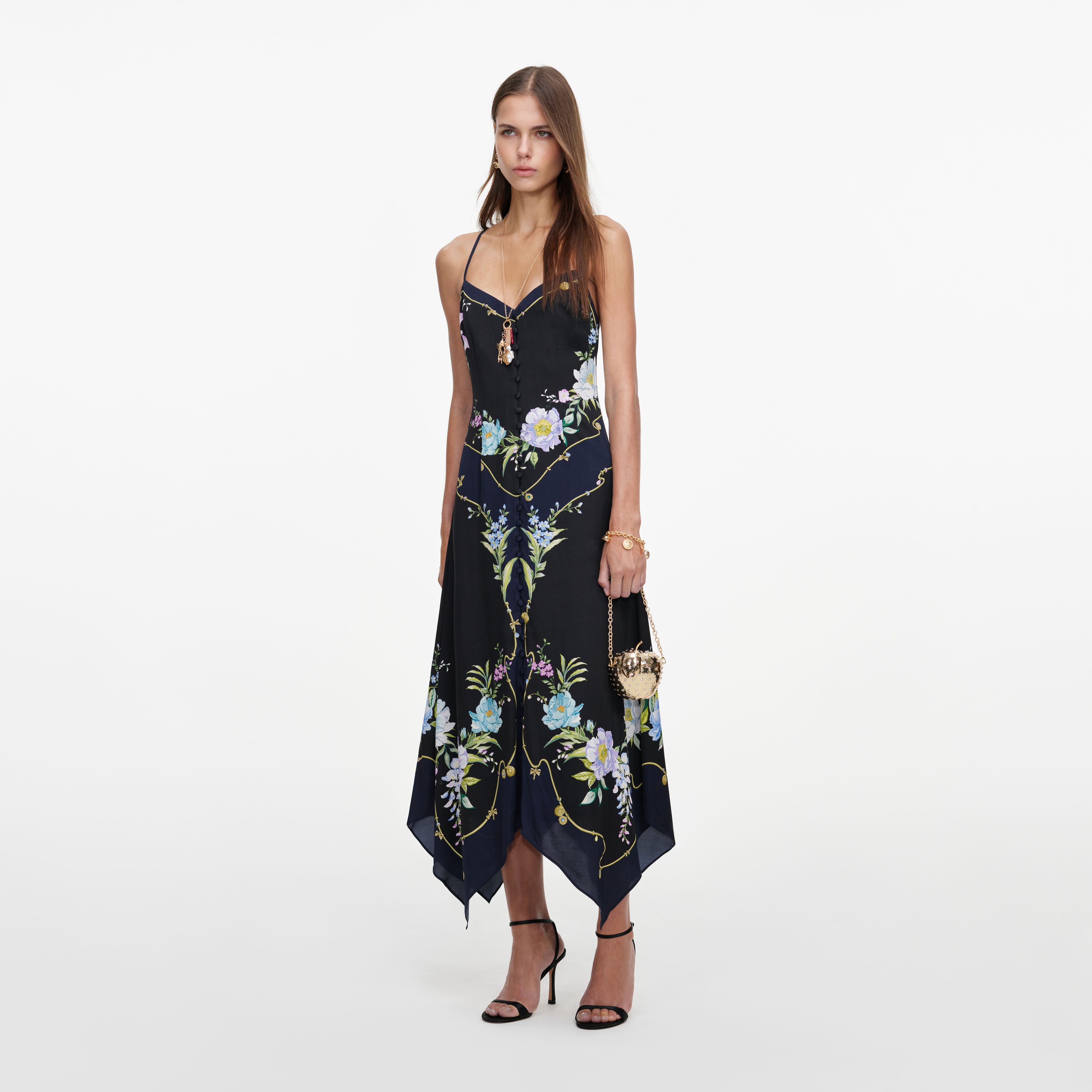 Self Portrait Navy Floral Midikleid Navy Leinen Baumwolle