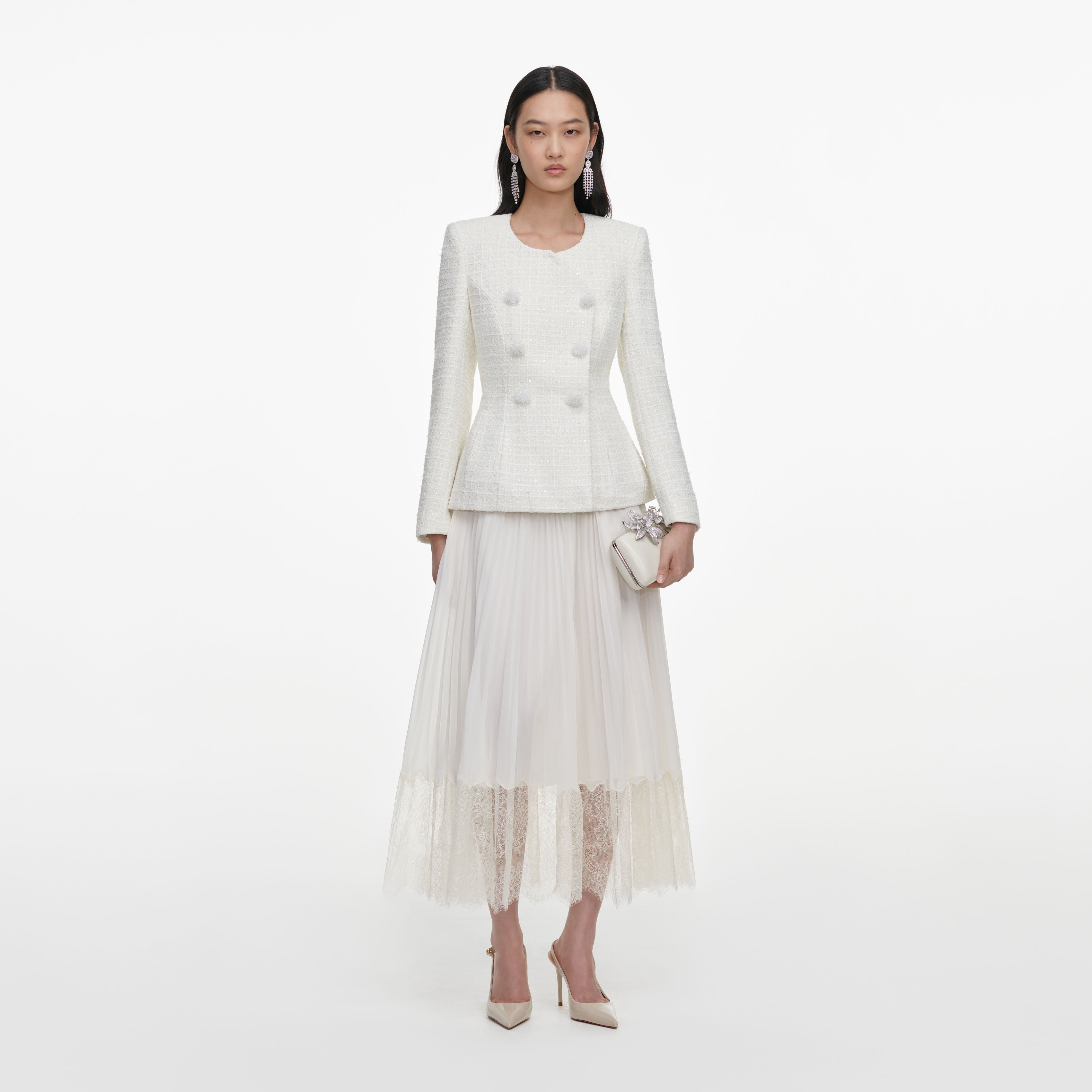 Self Portrait Cream Boucle Wrap Midi Kleid Creme Wickel