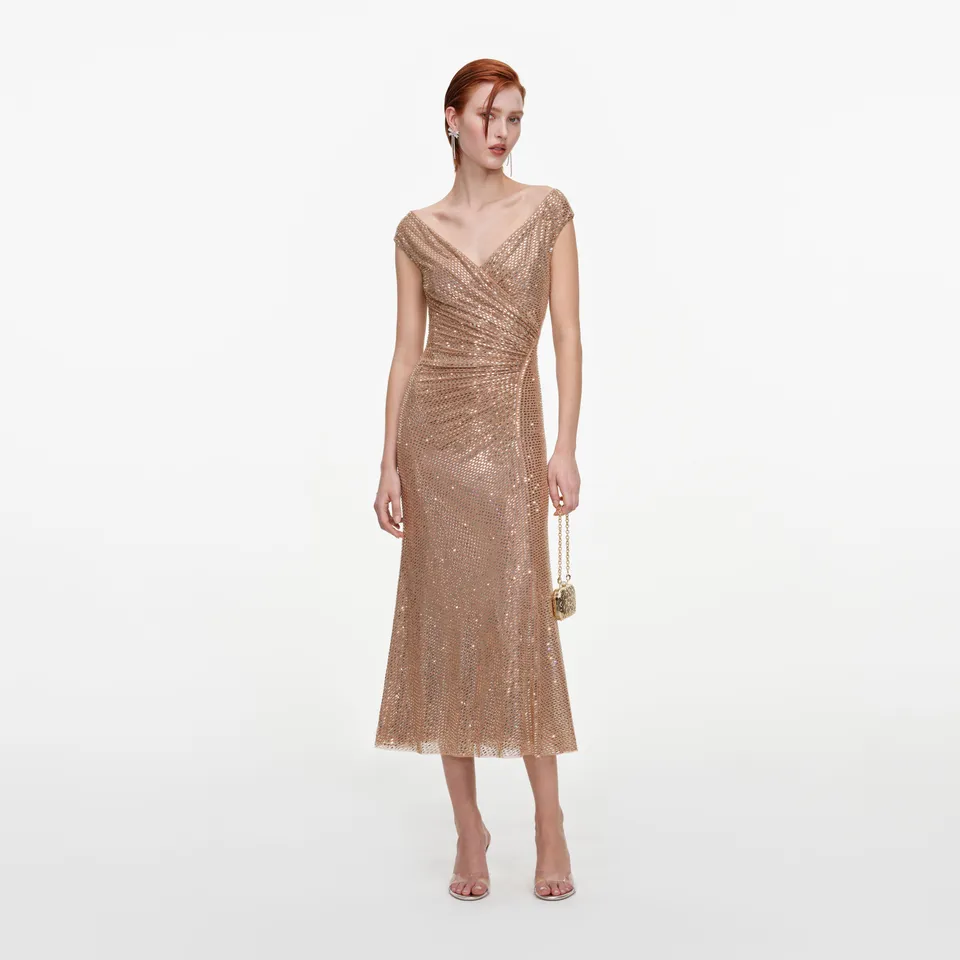 Self Portrait Gold Rhinestone Off-Shoulder Midikleid gold