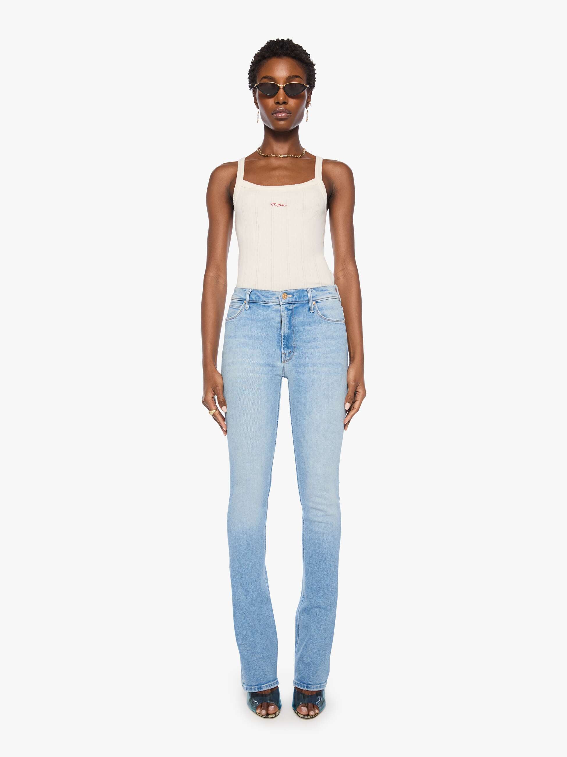 Mother The Runaway Flare Jeans Hellblau Mid-Rise Stretch