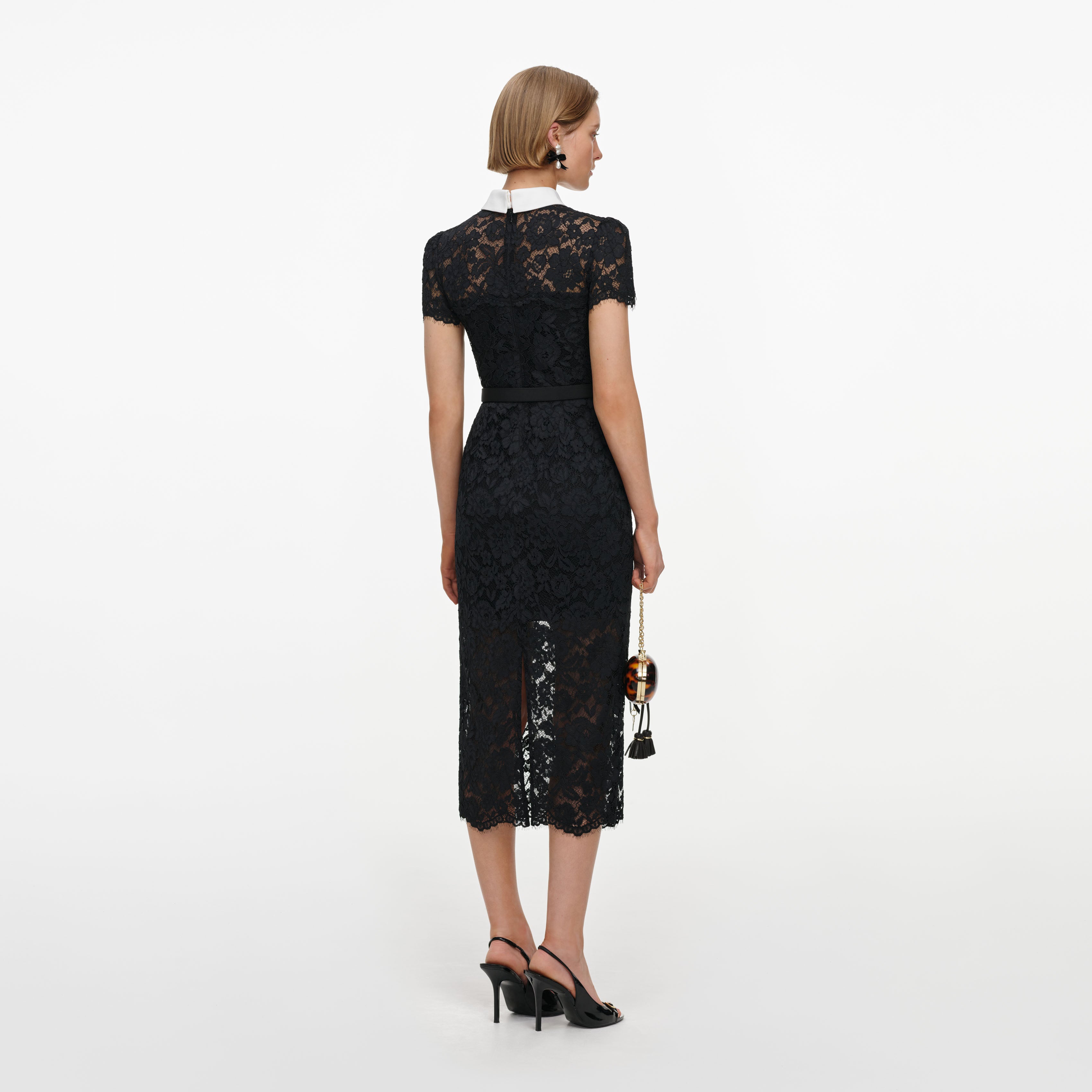 Self-Portrait Lace Contrast Collar Midi Kleid schwarz