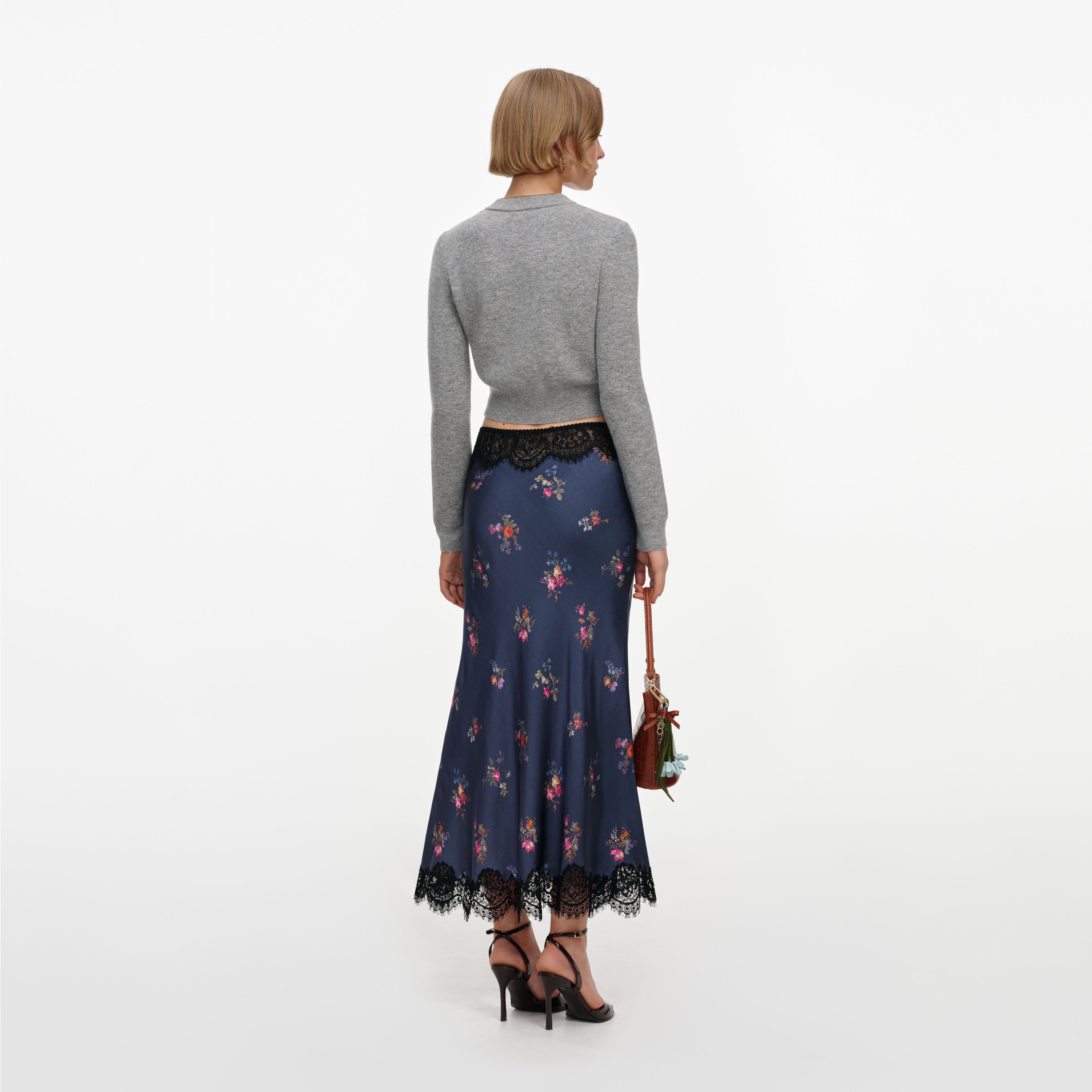 Self Portrait Navy Satin Midirock Blau Spitze Floral