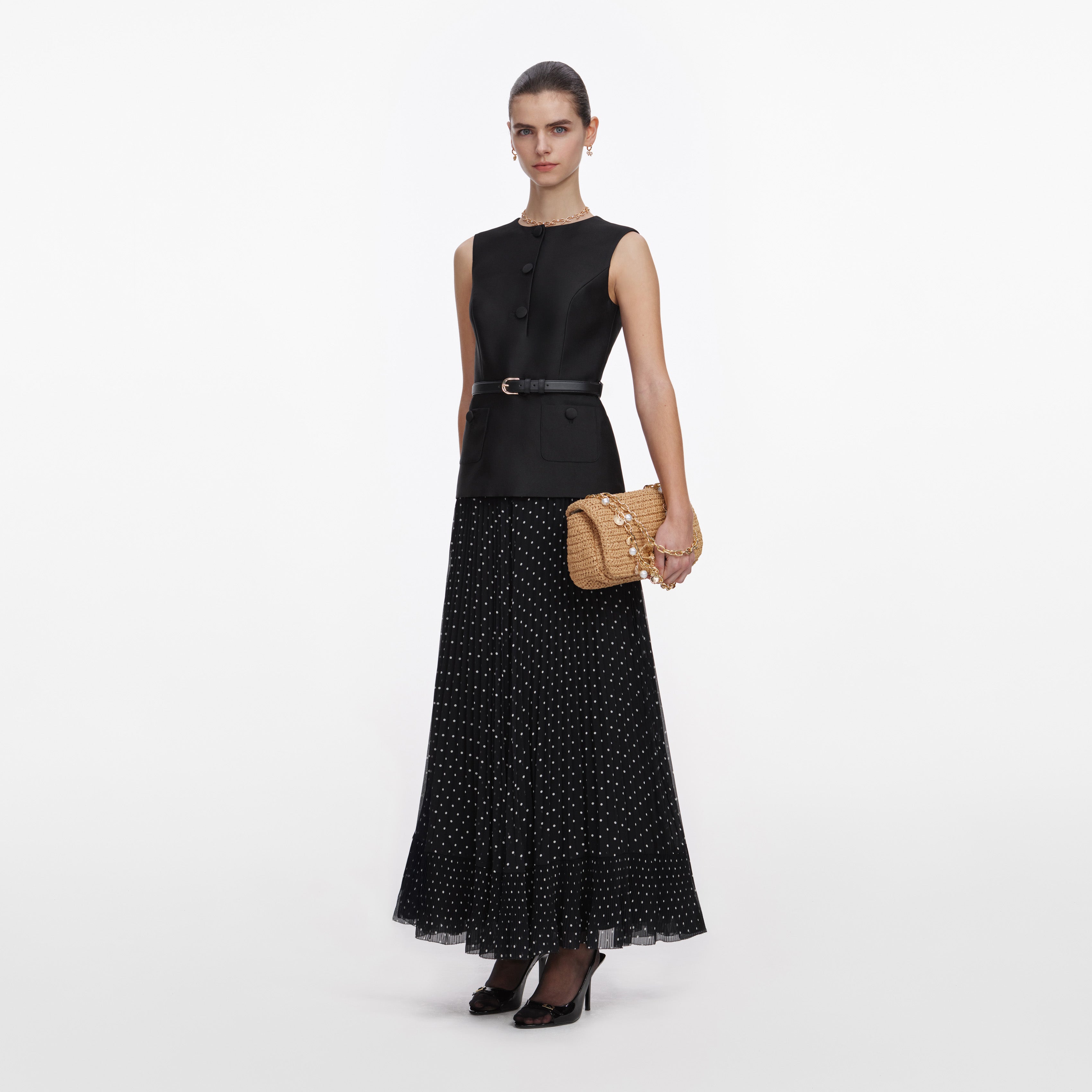 Self Portrait Dresses Black Taffeta Polka Dot Midi Kleid UK 8 Taft