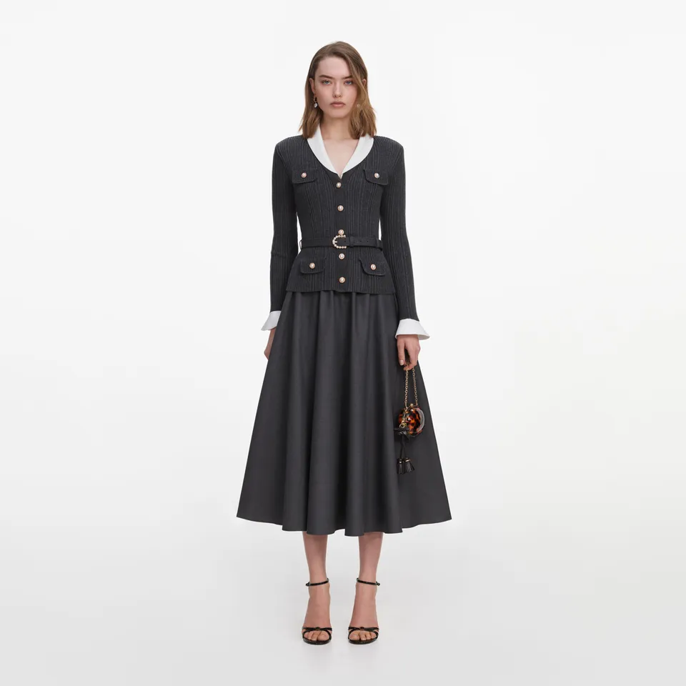 Self Portrait Knit Twill Midi Kleid grau mit Gürtel