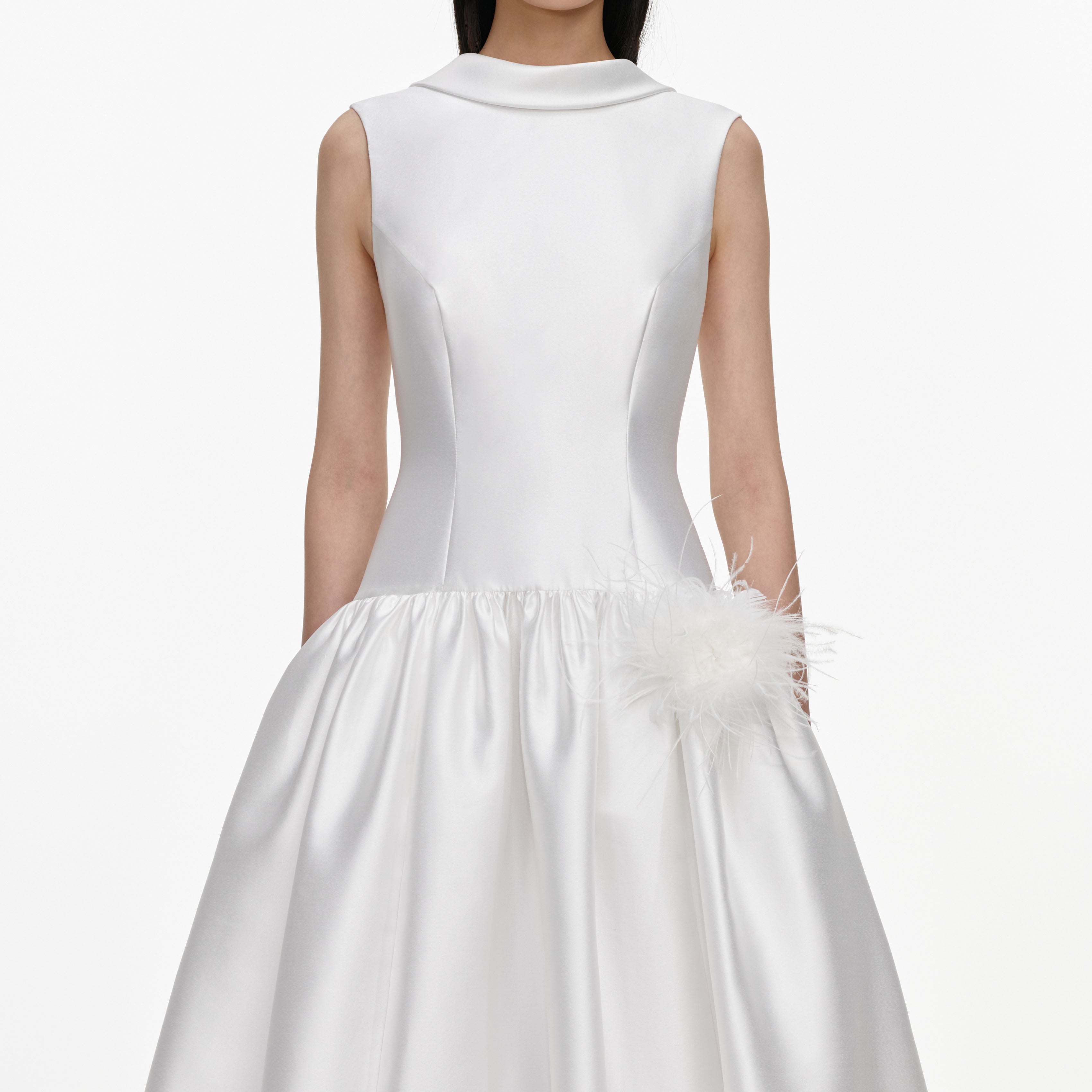 Self Portrait White Taffeta Bubble Hem Midi Kleid Weiß