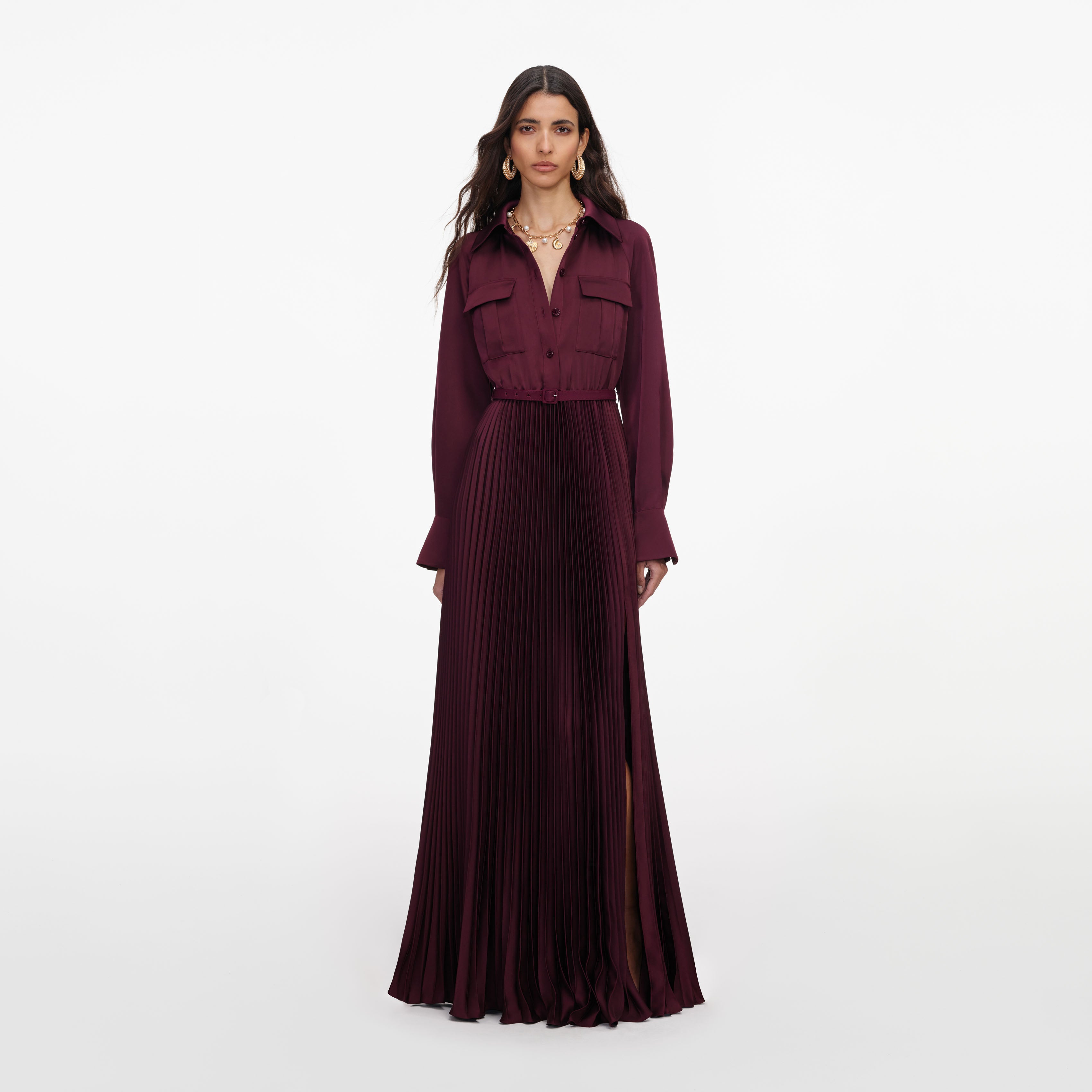 Self Portrait Plissee Maxikleid Satin Pflaume UK 8