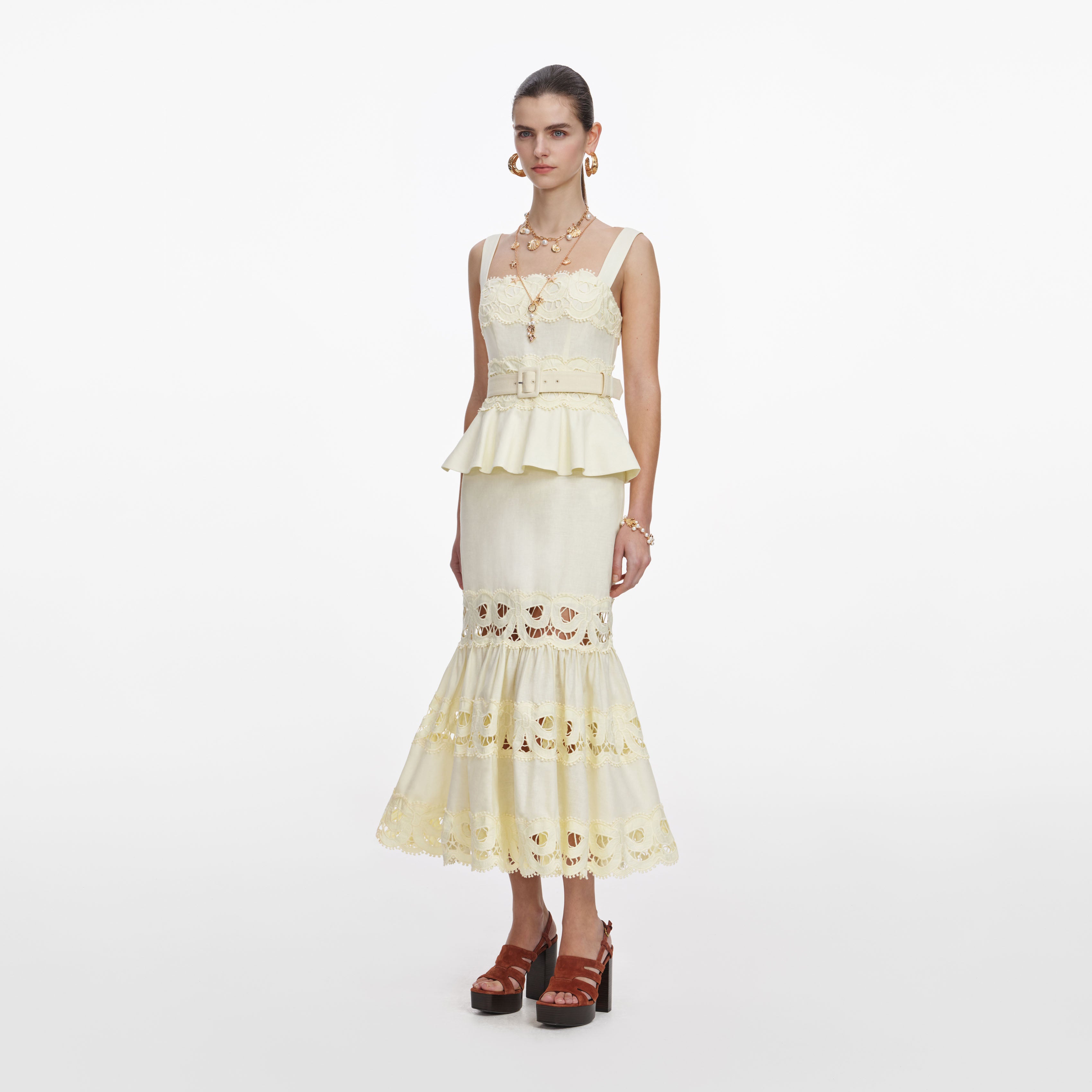 Self Portrait Yellow Linen Peplum Midi Kleid Gelb Leinen