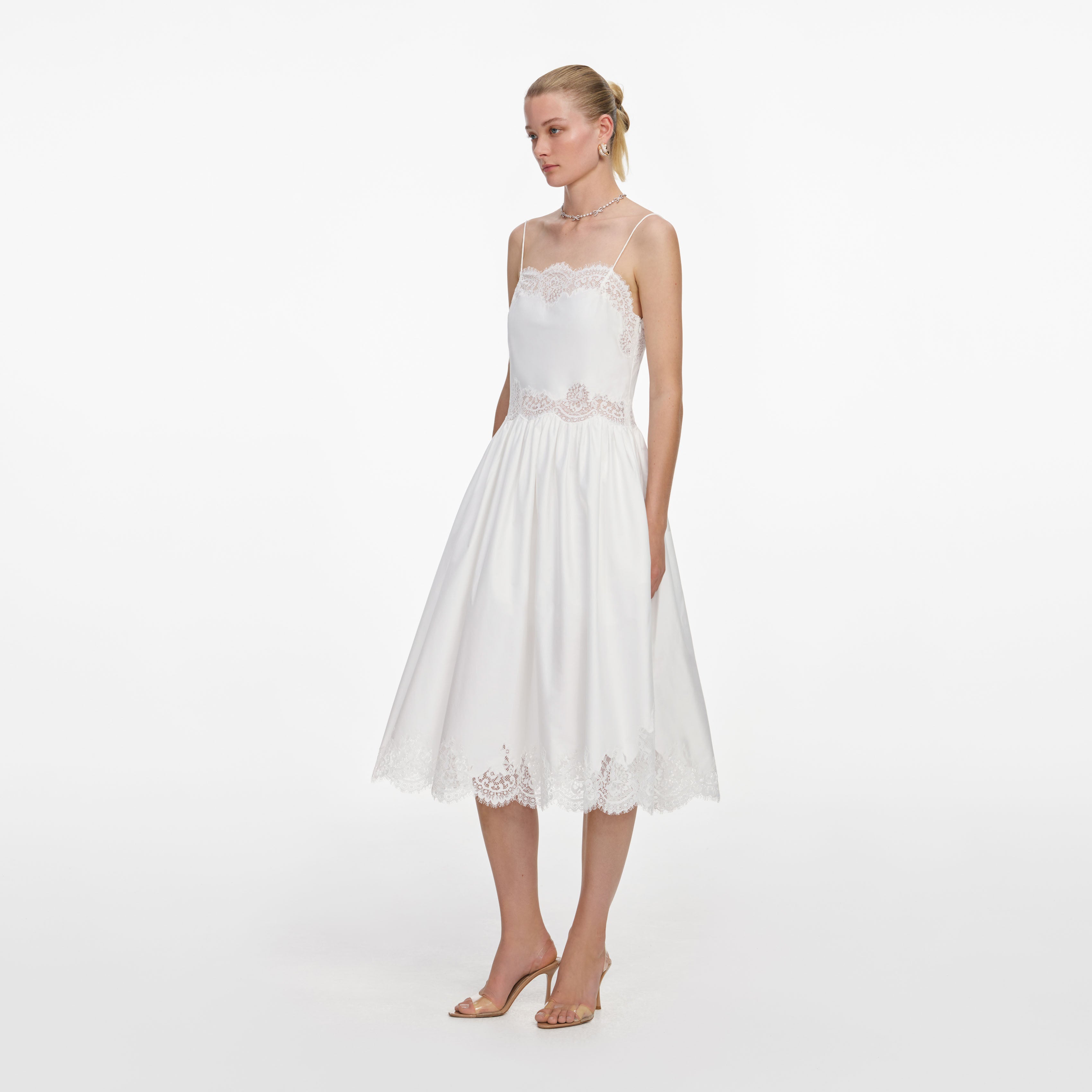 Self Portrait Midi Kleid Weiß Baumwolle Spitze Bogen