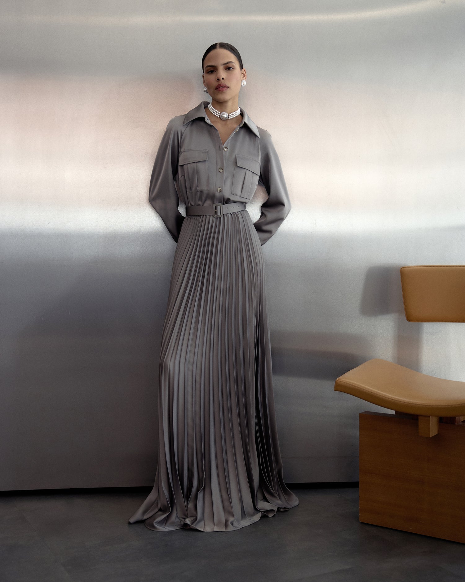 Self Portrait Grey Satin Pleated Maxi Kleid UK 8