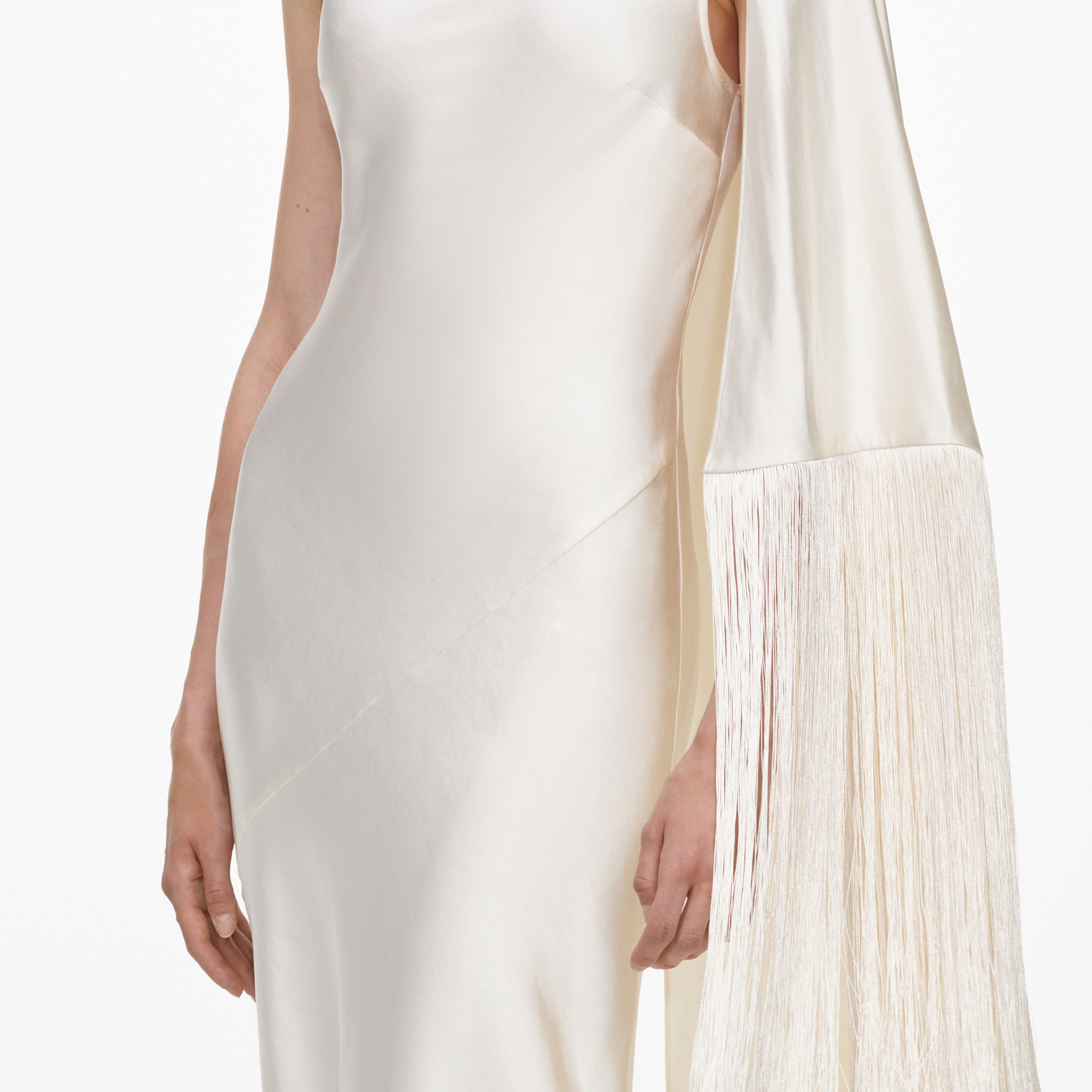 Self Portrait Dresses Cream Satin Fringed Maxi Kleid Creme UK 8