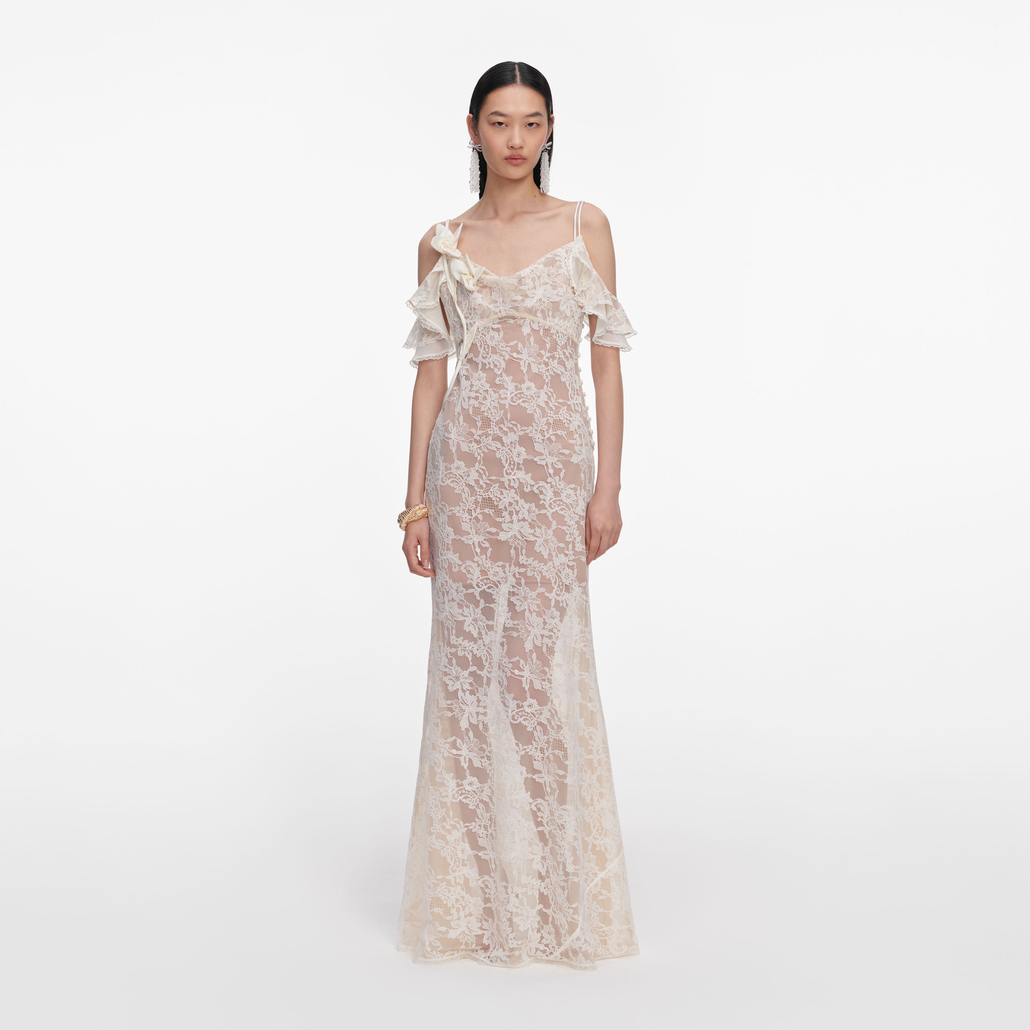 Self Portrait Cream Lace Flower Maxi Kleid Creme Spitze