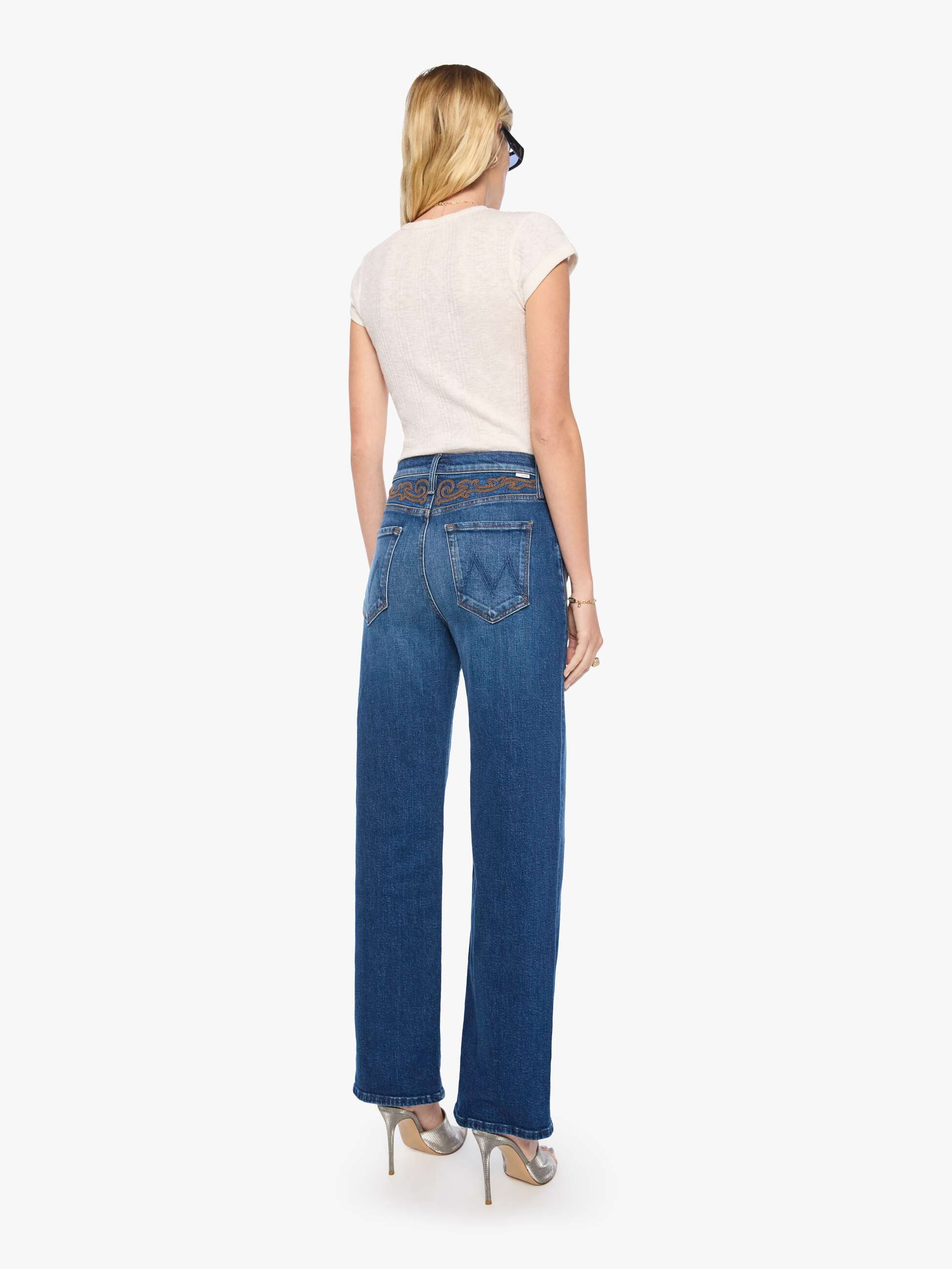 Mother Denim The Dodger Sneak Jeans Blau Mid-Rise Stretch Stickerei
