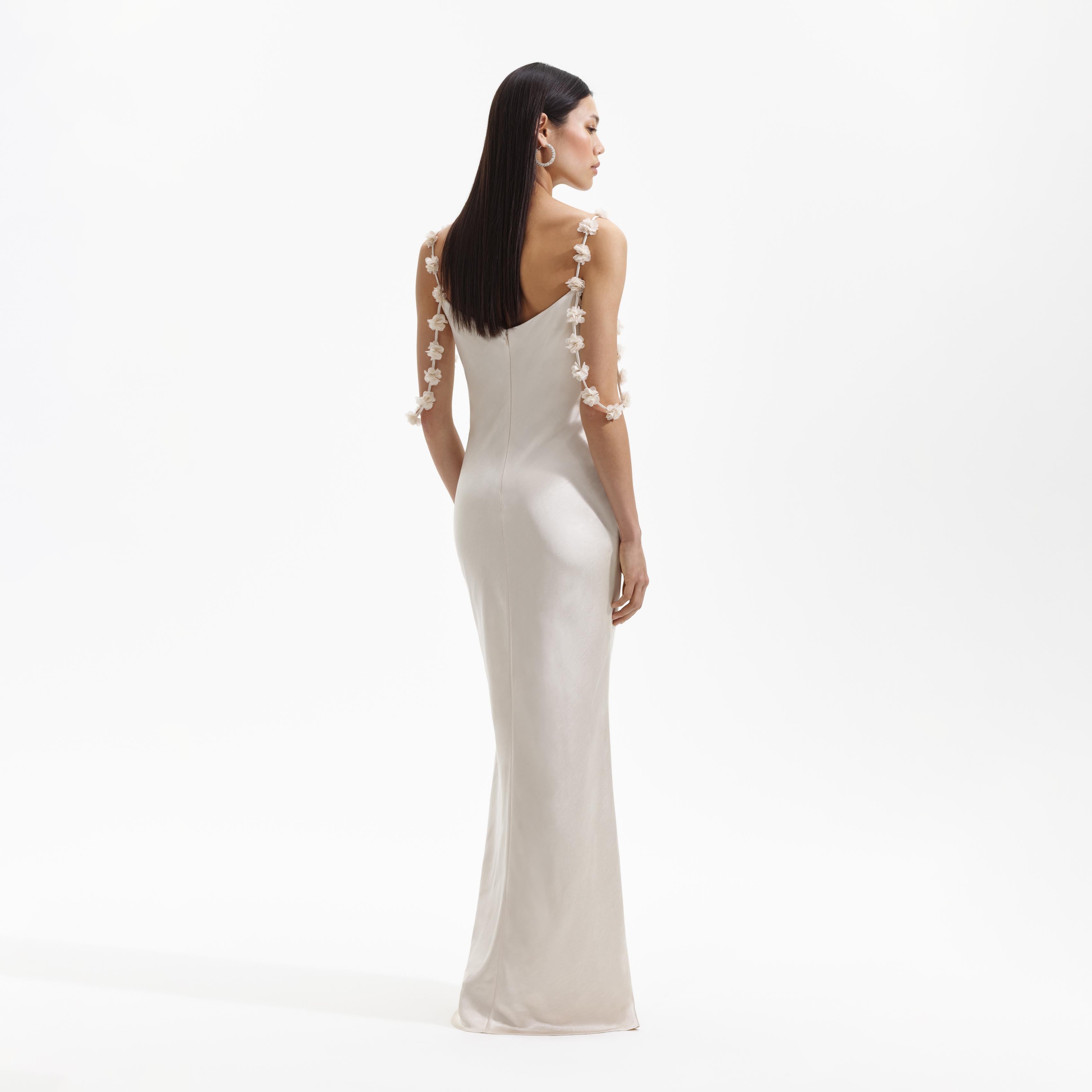 Self Portrait Champagne Satin Flower Maxikleid Champagner