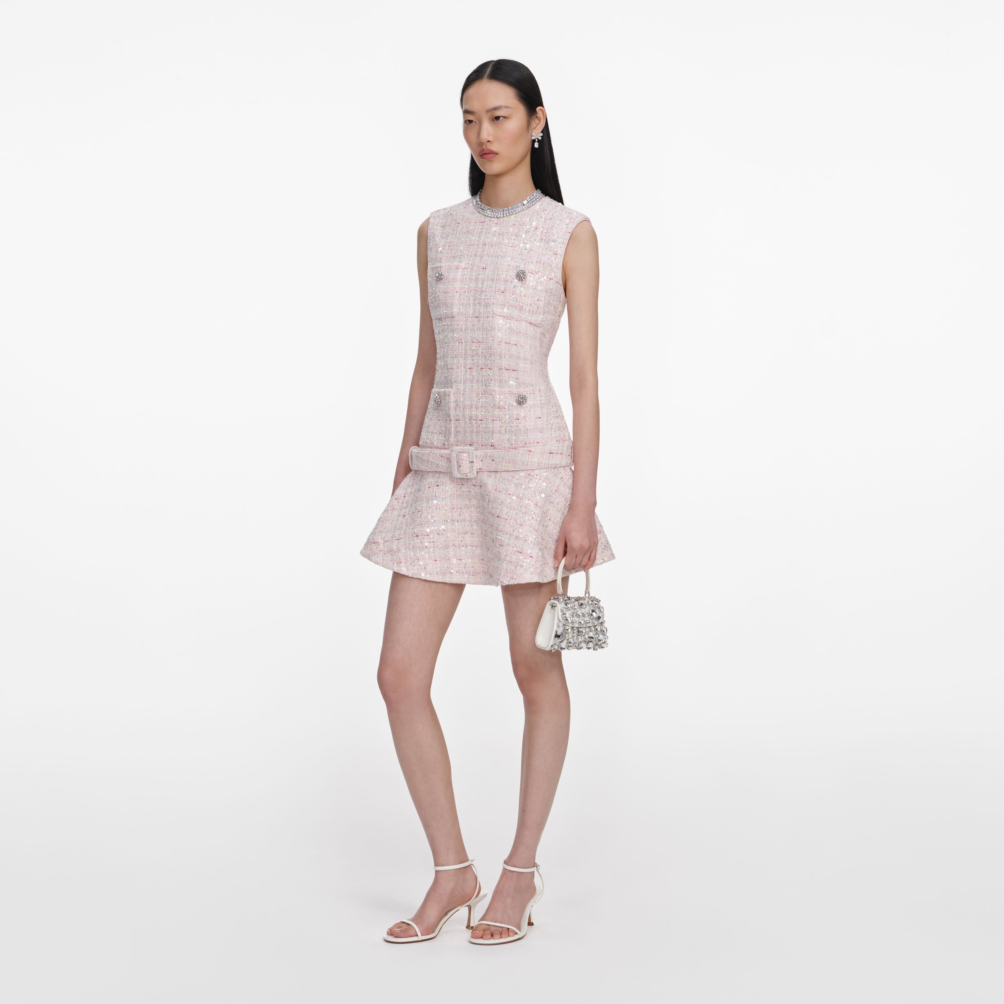 Self Portrait Pink Sequin Boucle Belted Mini Kleid Rosa