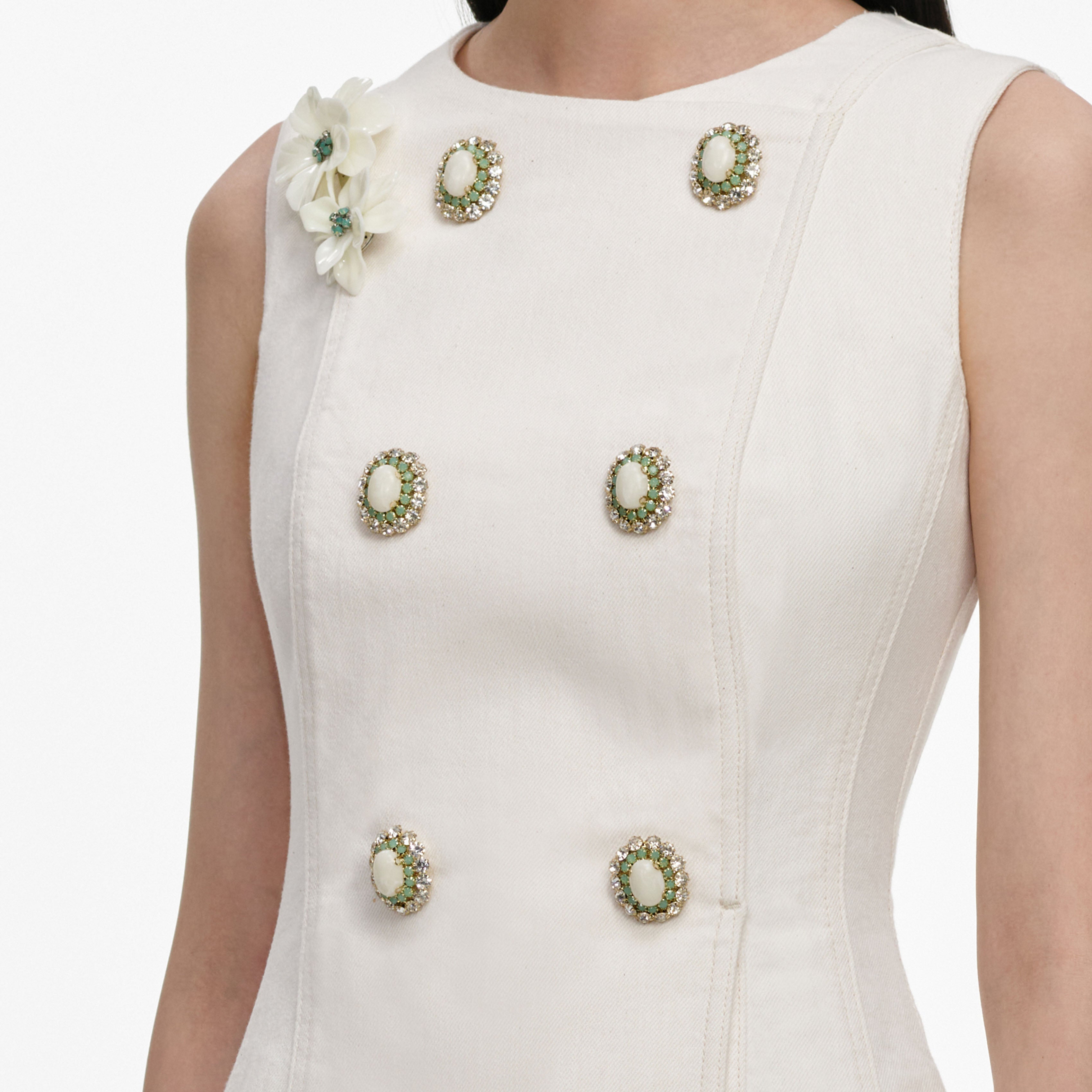 Self Portrait Cream Denim Double Breasted Mini Kleid Creme 8
