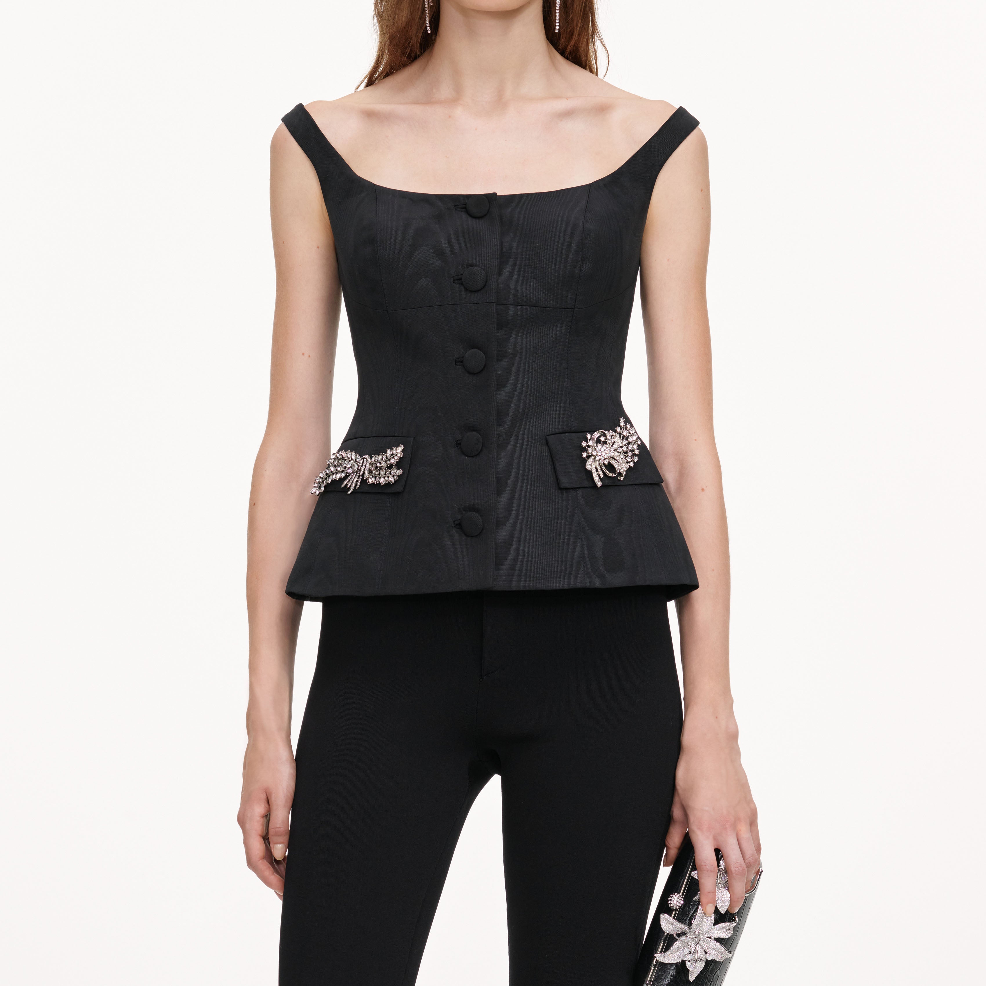 Self Portrait Black Structured Bardot Top Schwarz Twill