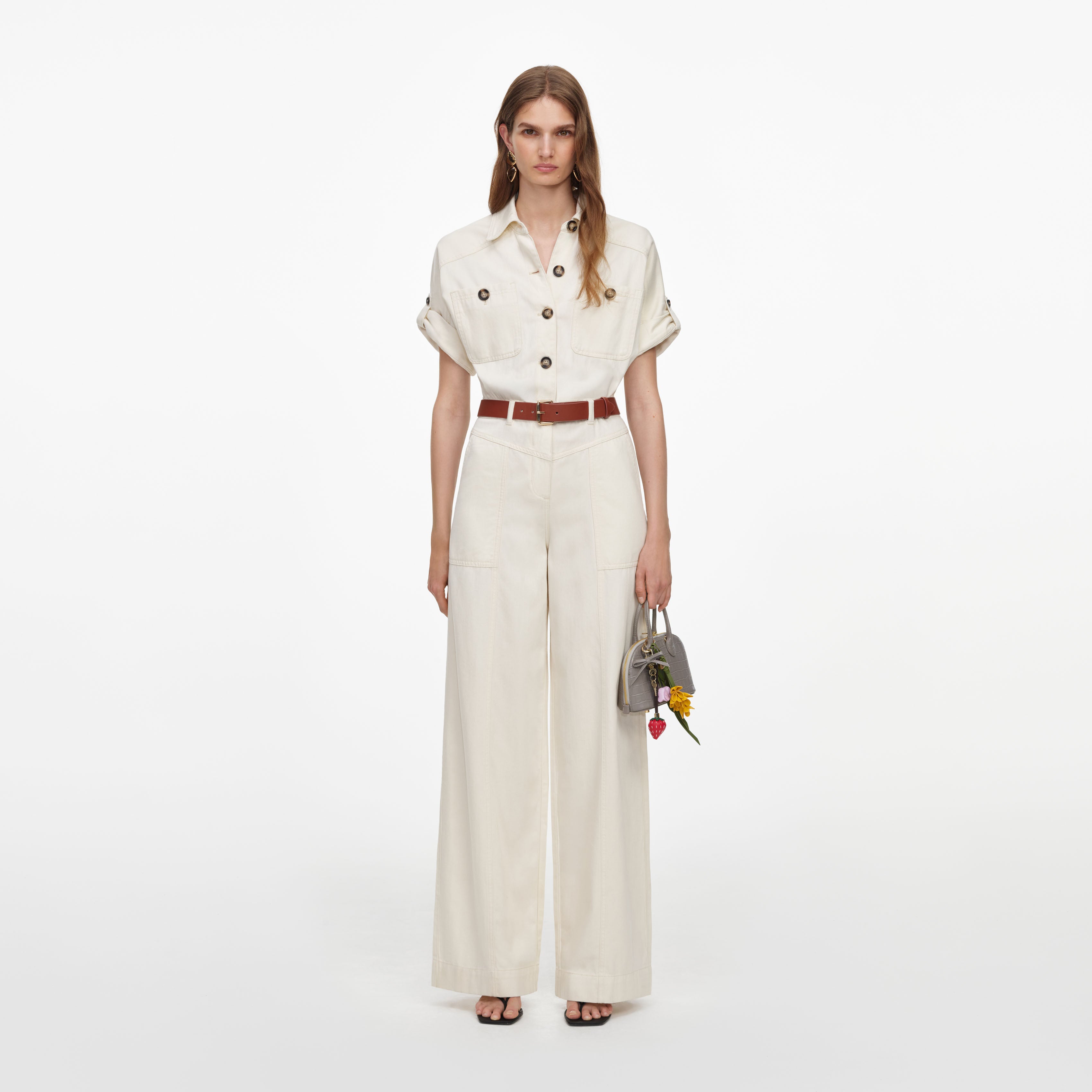 Self Portrait Denim Jumpsuit creme Kurzarm
