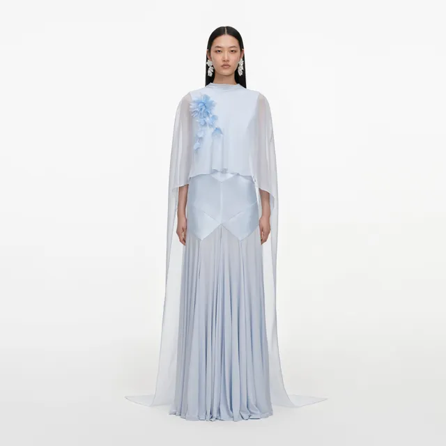 Self Portrait Blue Satin Cape Maxi Kleid Blau Jersey