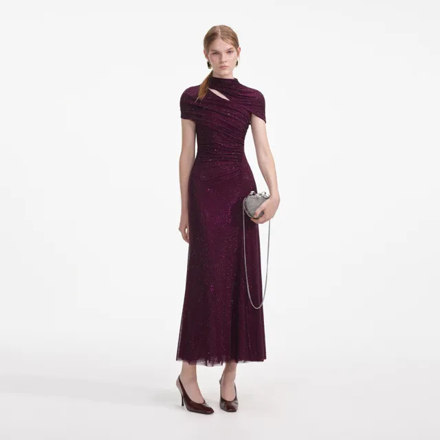 Self Portrait Burgundy Rhinestone Mesh Cut Out Midi Kleid UK 8
