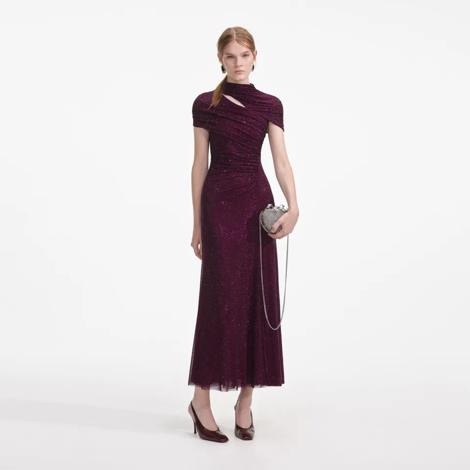 Self Portrait Burgundy Rhinestone Mesh Cut Out Midi Kleid UK 8