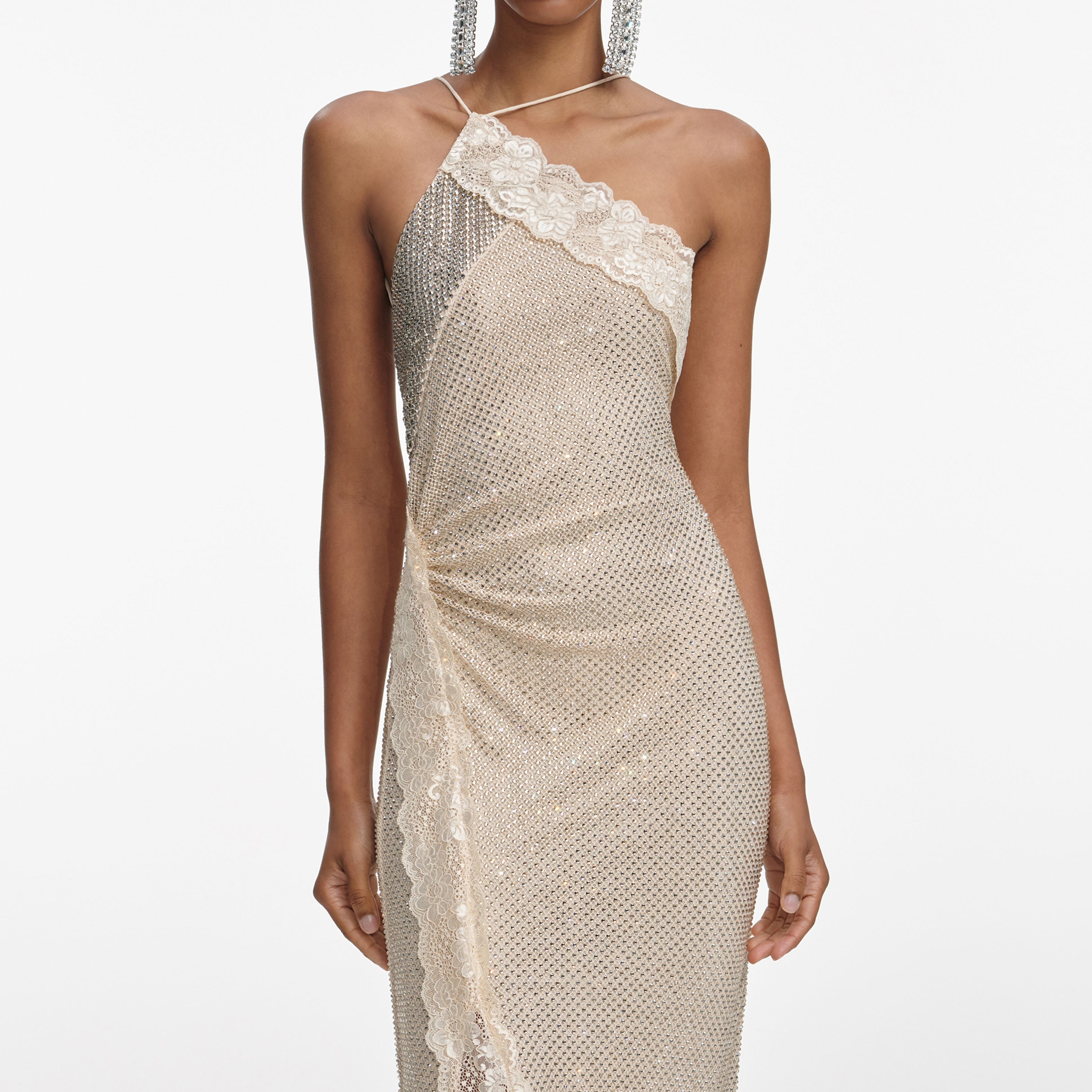 Self Portrait Champagne Rhinestone Maxi Kleid Strass Spitze