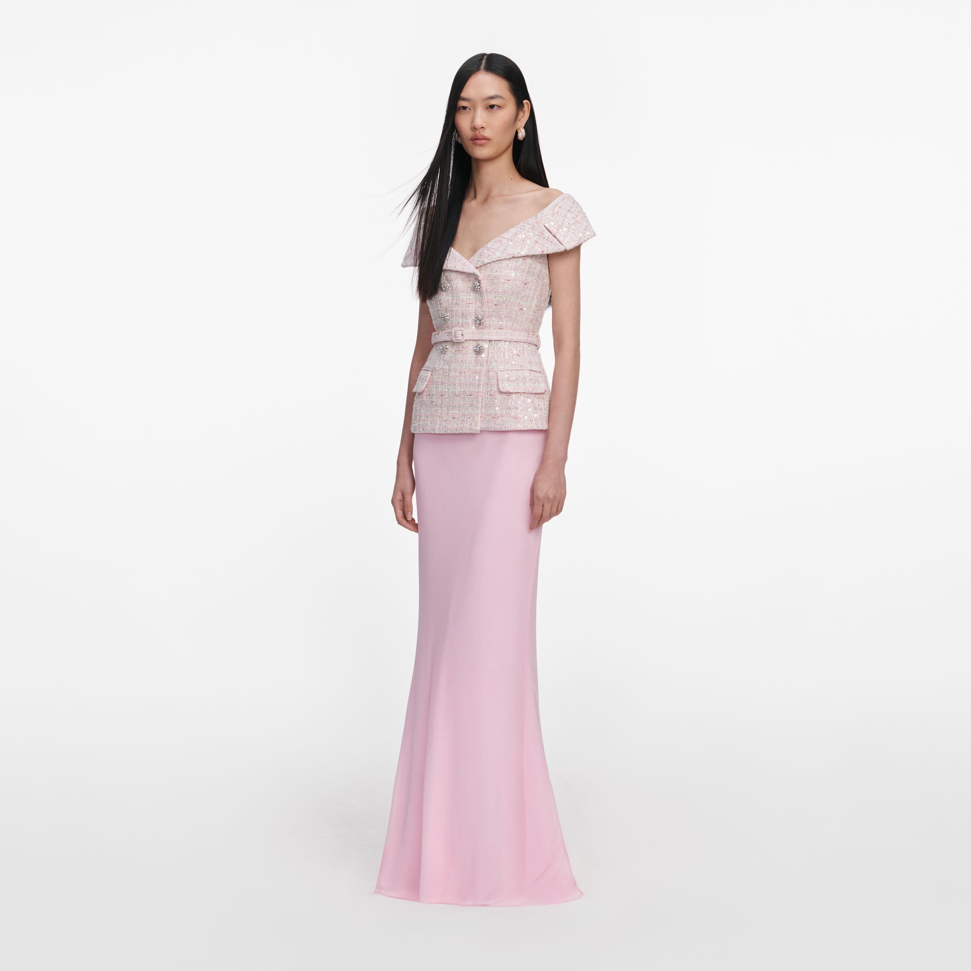 Self Portrait Sequin Boucle Maxikleid Pink Gürtel