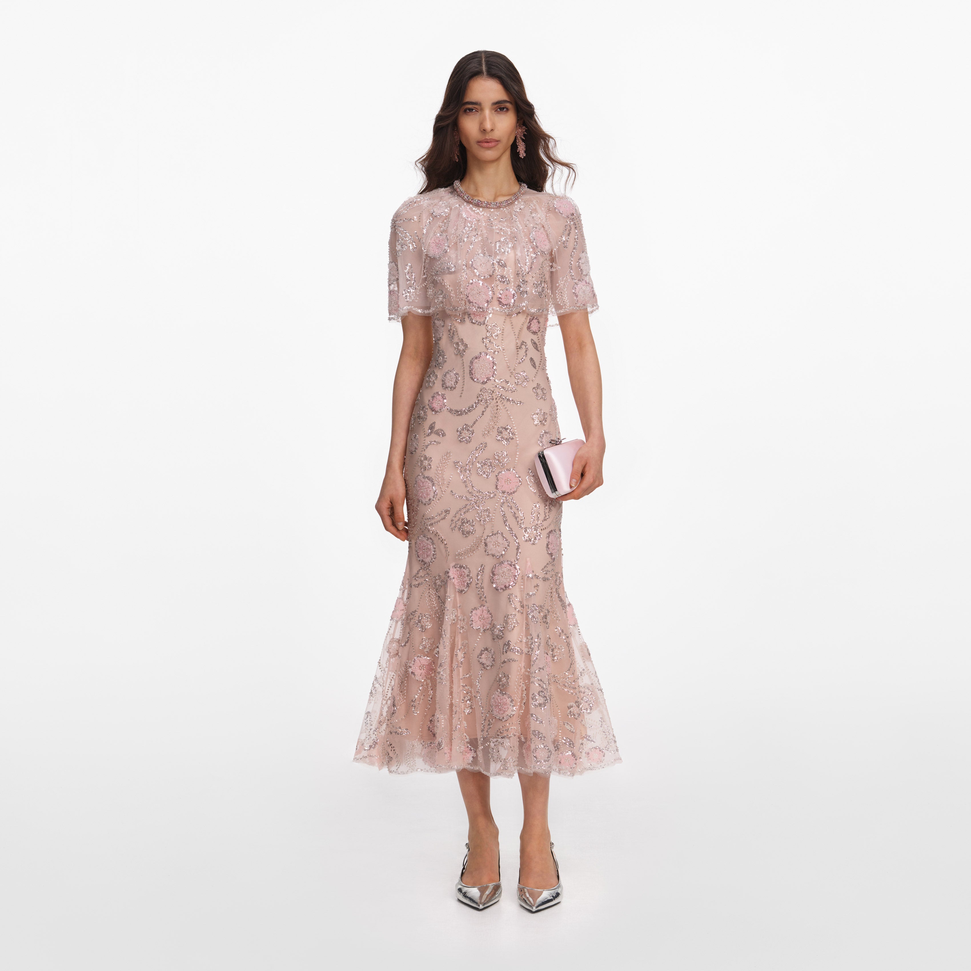 Self Portrait Pailletten Midikleid Rosa Cape Strass