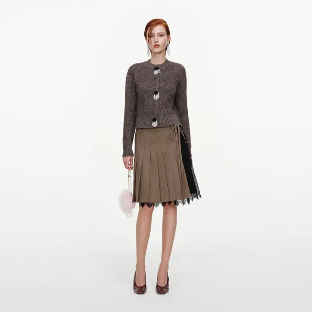 Self Portrait Brown Twill Lace Pleated Midi Rock Braun UK 8 Plissee