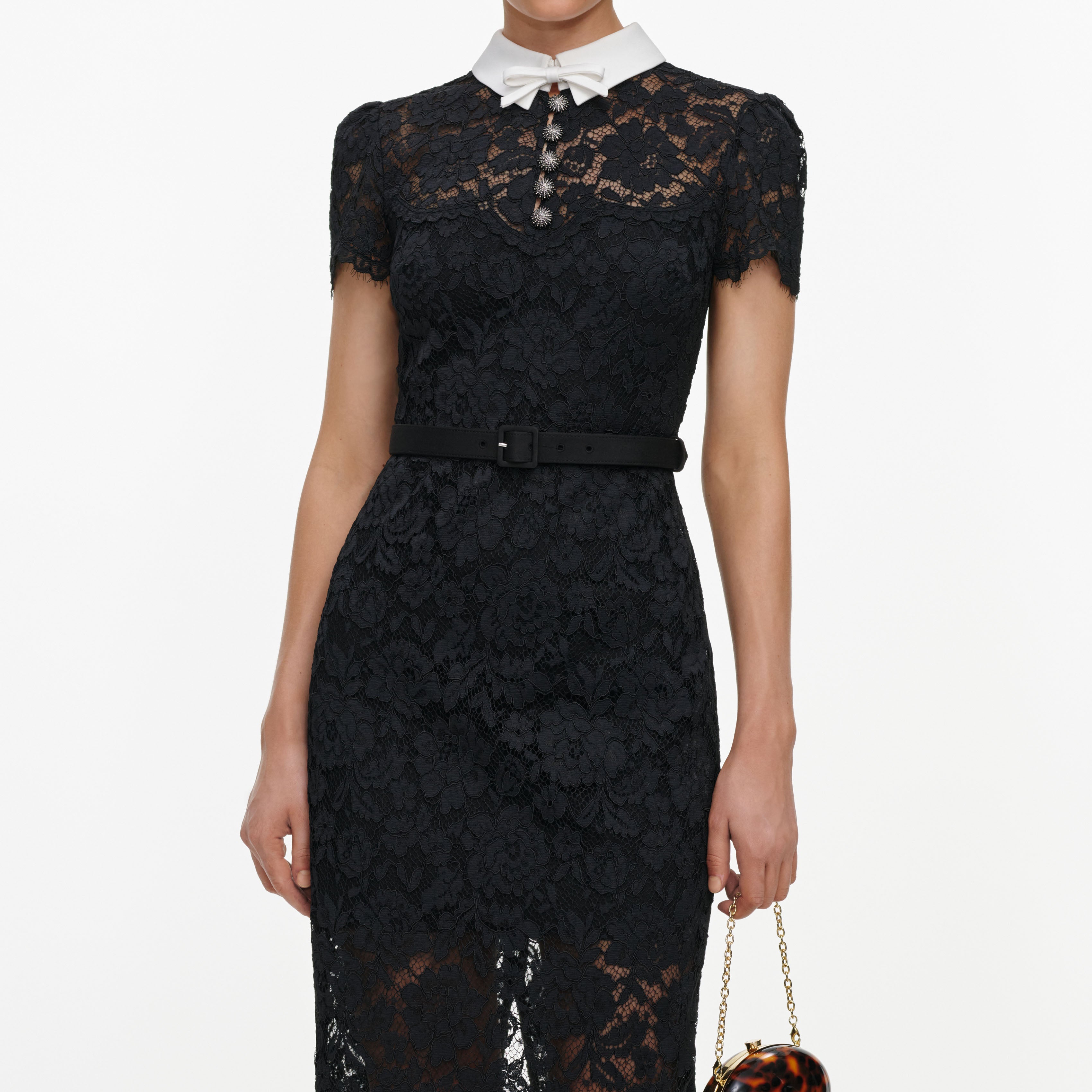 Self-Portrait Lace Contrast Collar Midi Kleid schwarz