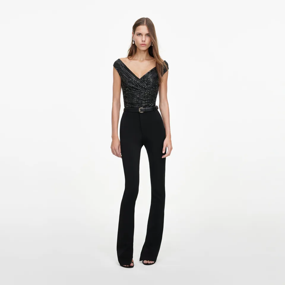 Self Portrait Black Rhinestone Off Shoulder Top schwarz