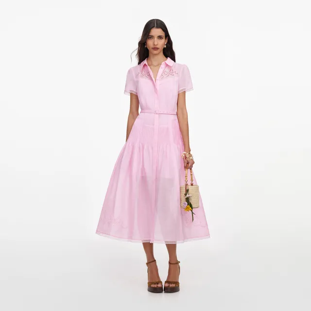 Self Portrait Embroidered Midi Kleid Pink Leinen Stickerei