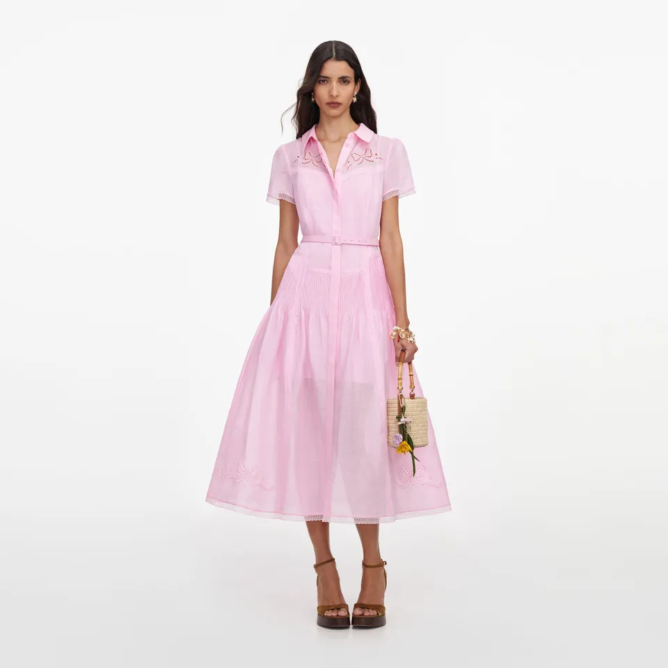 Self Portrait Embroidered Midi Kleid Pink Leinen Stickerei