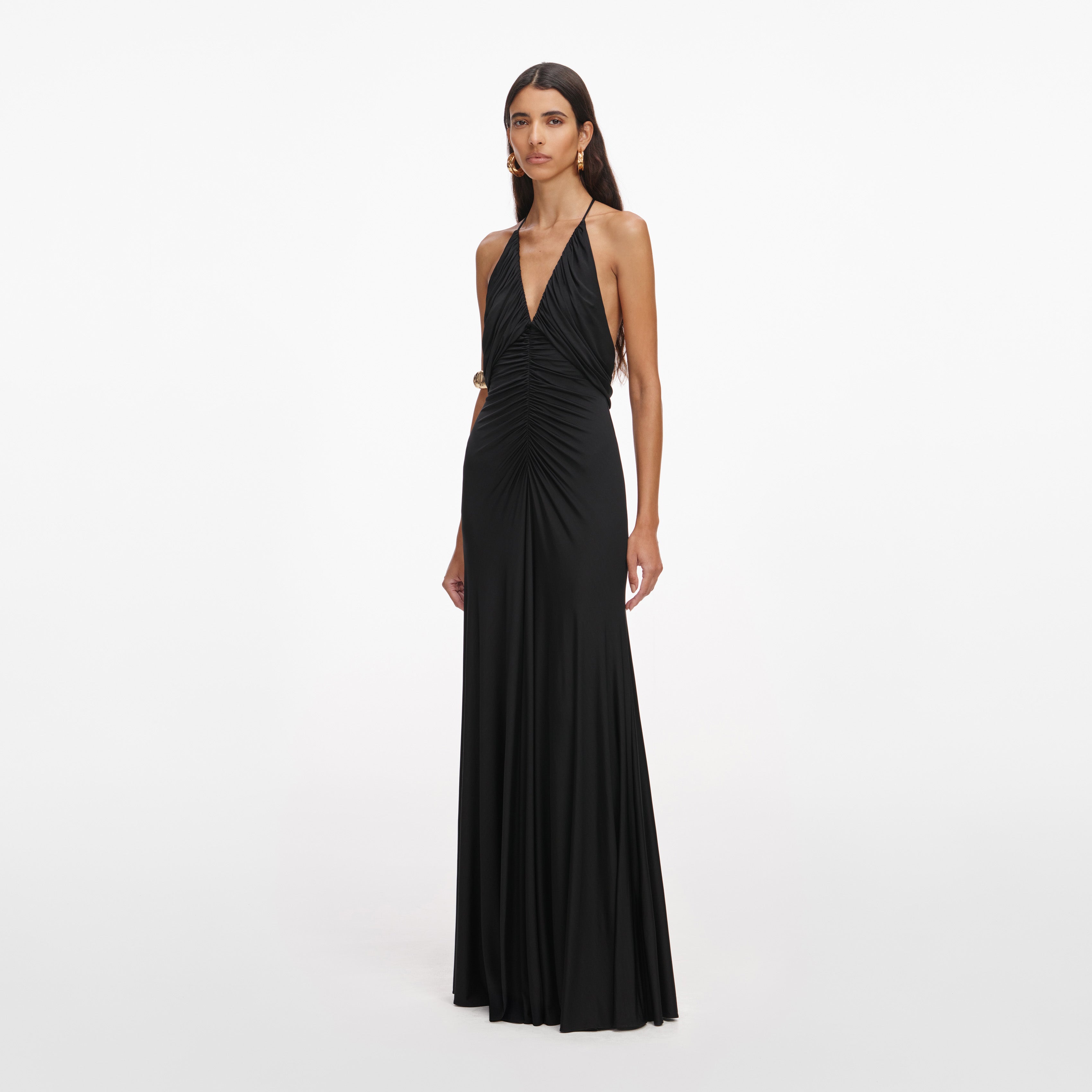 Self Portrait Black Jersey Gathered Maxikleid Schwarz UK 8