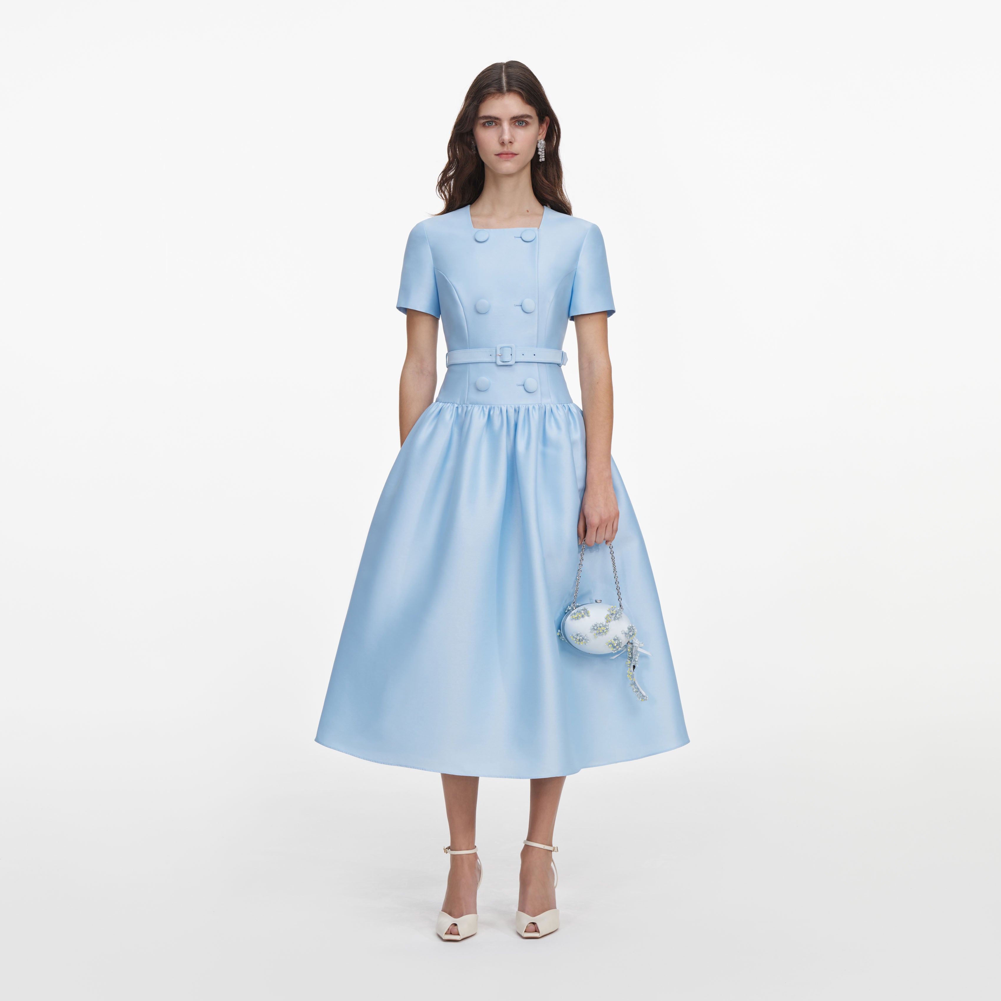 Self Portrait Blue Button Taffeta Midikleid Blau Taft